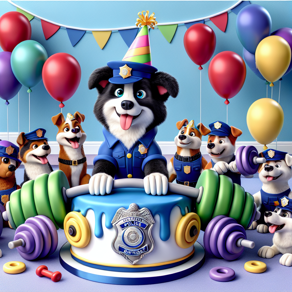 Illustrate a delightful cartoon scene at a birthday party. The guests are animated police dogs of various breeds and fur colors, all decked out in charming miniature police uniforms. The scene is set amidst gym-inspired party decorations, with colorful balloons in red, blue, and yellow floating above. The centerpiece is a creatively designed birthday cake, shaped to resemble a pile of playful gym weights in shades of purple and green, adorned with a silver police badge as a topper. The dogs appear jubilant as one of their own, a black and white Border Collie sporting a vibrant birthday hat, humorously attempts to lift the edible weights.
Generated with these themes: Police, Dogs, and Gym.
Made with ❤️ by AI.