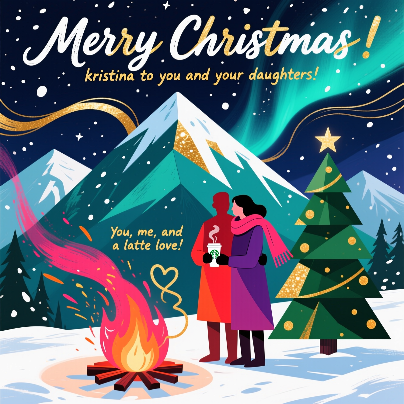 Mountain top,snow, Christmas tree,fire pit,small Starbucks cup, two people cuddling up to the fire, and Christmas Card