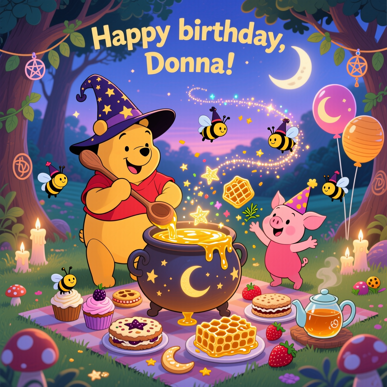 Winnie the Pooh & Piglet, yummy meals, Wicca, and Birthday Card