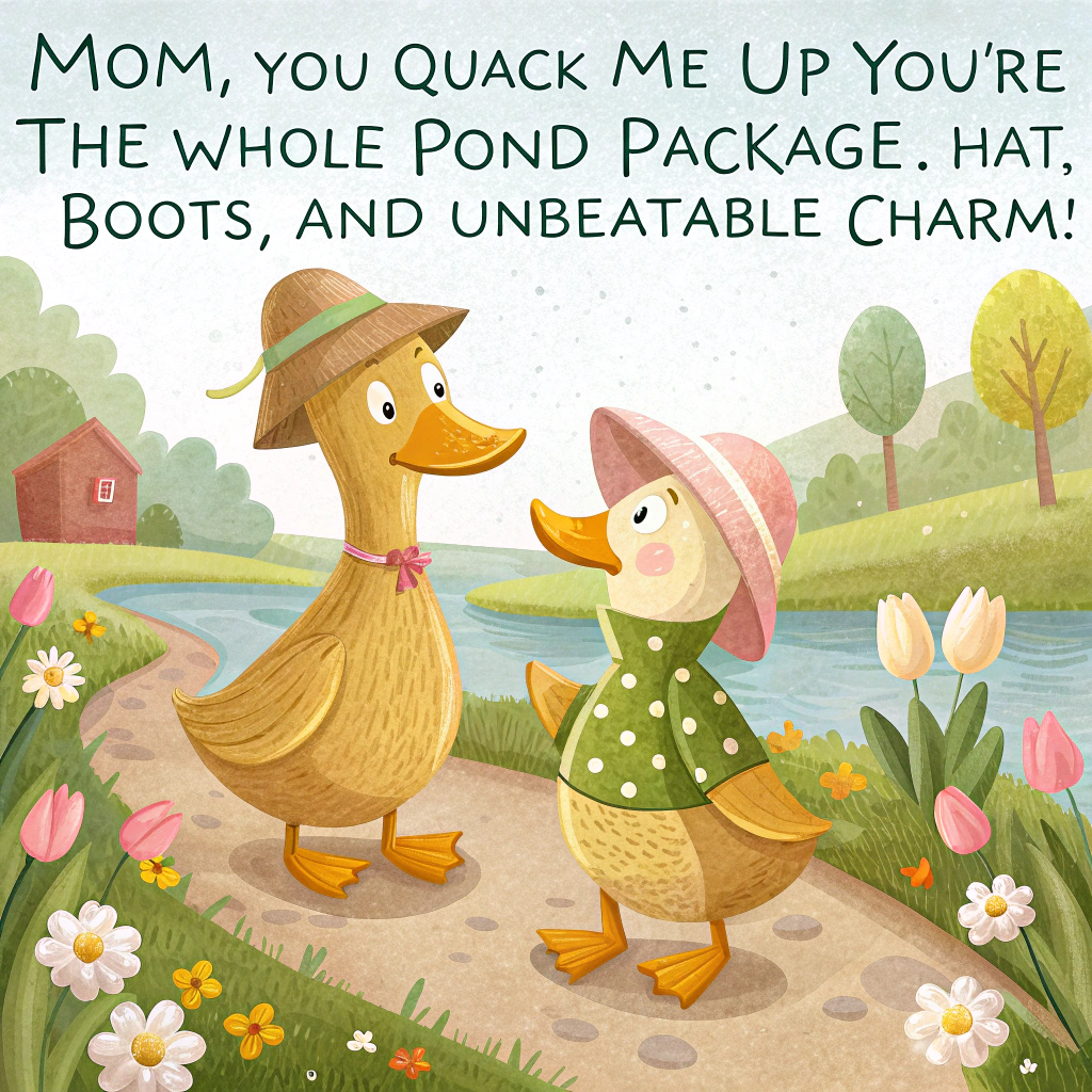 At the top of the image, "Mom, you quack me up—you're the whole pond package: hat, boots, and unbeatable charm!"

- Illustrate a cartoon-style, charming spring garden scene with two wooden duck characters standing side by side.
- One wooden duck is wearing bright yellow rain boots and the other is donning a cute, wide-brimmed sun hat decorated with a daisy.
- They are cheerfully waddling along a garden path lined with tulips, daffodils, and butterflies fluttering around.
- The wooden ducks have soft painted eyes and endearing expressions, their wings slightly raised like they're mid-conversation or sharing a secret.
- A tiny watering can and a spade rest beside them as if they’ve just finished gardening.
- In the background, a cheerful sun peeks out from a cloud, and a pastel picket fence completes the whimsical scene.
Generated with these themes: A wooden duck with boots, and A wooden duck with a hat.
Made with ❤️ by AI.