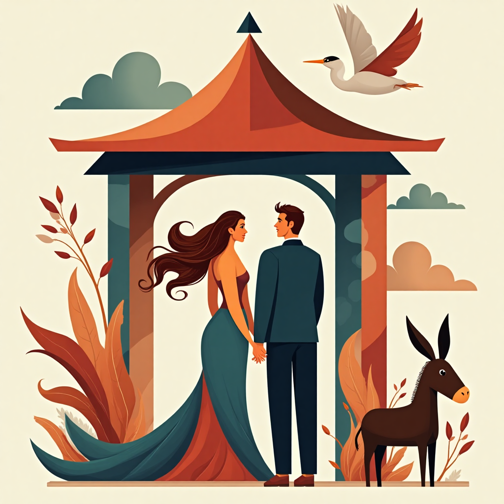 Gazebo, Woman with long brown hair, Bald man with brown hair, Heron, Donkey, and Anniversary Card
