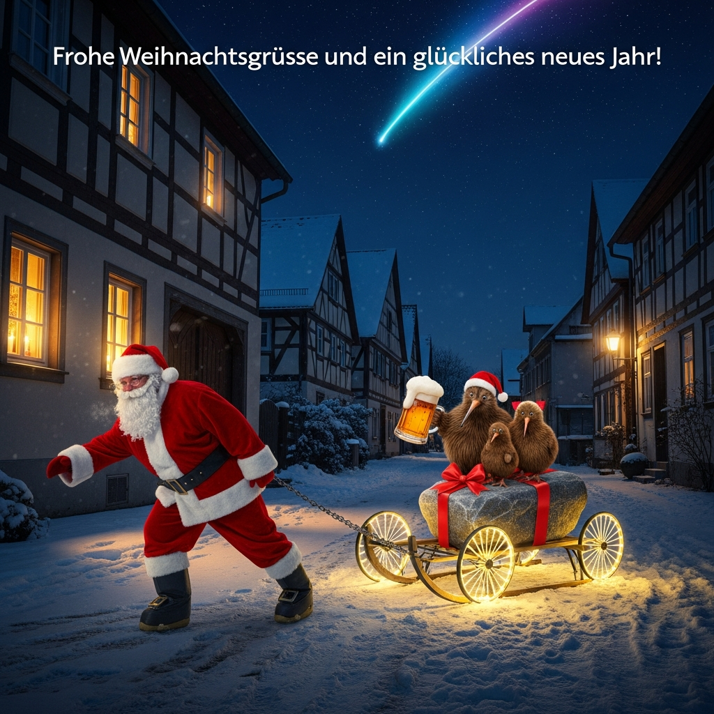 At the top of the Photorealistic picture taken from a camera image, Frohe Weihnachtsgruesse und ein glueckliches neues Jahr!

Ultra-high-definition 4K UHD nighttime street scene in a snowy traditional German village, realistic and funny mood. A low eye-level, 35mm perspective captures Santa Claus in the left foreground, mid-stride and visibly tired yet determined, leaning forward as he hauls a heavy chain attached to a quirky sled. He wears puffy moon boots and shiny sunglasses that catch reflections of the sky; his cheeks are flushed, breath hangs in the frosty air, snow dusts his red suit and beard. The sled rolling behind him has thin illuminated spoke wheels with delicate LED-lit spokes glowing softly through the snow flurries. On the sled sits a massive rough stone wrapped as a present in a wide red ribbon with a big bow. Perched on top is a Kiwi bird family facing the camera, all cheerful: dad kiwi with a bigger round belly proudly holding a frothy beer stein; mum kiwi sporting neat black hair tied into a Japanese-style topknot; their little daughter kiwi chick sticks her tongue out and waves one wing at the viewer. The snow-covered cobblestone lane is lined with half-timbered German farmhouses; warm windows glow with candle arches, gentle chimney smoke curls upward, and fresh sled tracks and Santa’s bootprints mark the path. Above, a dramatic meteor streak arcs diagonally across the deep night sky, glowing blue and green and casting a subtle cool tint on the snow and Santa’s sunglasses. Lighting is a realistic mix of warm tungsten from the windows and cool moon/meteor light; subtle rim lighting and soft shadows add depth. Moderate depth of field keeps Santa, the sled, and the kiwi family tack-sharp while the farmhouse façades fall into a creamy background bokeh with sparkling snowflakes. Photographic details: 35mm lens, f/2.8, ISO 1600, 1/250s, natural film grain, crisp textures (velvety ribbon fibers, frosty chain links, scuffed moon boots, kiwi feathers). Add one playful extra text element integrated into the scene: hand-painted on the sled’s side panel in small, cheeky lettering, “Stone-cold sleigh service.”
Generated with these themes: .
Made with ❤️ by AI.