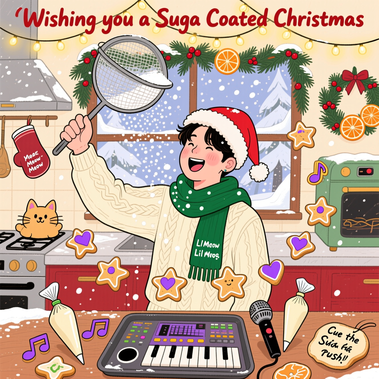 At the top of the Illustration Style image, Wishing you a Suga Coated Christmas

Hand-drawn, funny Christmas illustration with fine linework and textured brush strokes, balanced composition, warm expressive palette. Stylized, recognizable-but-playful likeness of Suga (Min Yoongi) from BTS as a festive baker in a cozy winter kitchen. He’s front and center in portrait orientation, wearing a Santa hat and cream cable-knit sweater with a pine-green scarf. A giant sieve overhead showers him in a sparkling blizzard of powdered sugar like snowfall; he laughs mid-sprinkle, cheeks warm and rosy. On the counter: a baking tray cleverly shaped like a mini mixing console, a piping bag styled like a microphone, and iced cookies in the shapes of music notes, stars, and tiny purple hearts. Seven star cookies arc around him as a subtle nod to the group, each with a tiny purple icing dot. A cat-shaped oven mitt peeks in (a cheeky “Lil Meow Meow” wink), and fairy lights drape across the top like stage lights, glowing honey-gold. In the background, a frosty window with softly falling snow and a garland of pine, cranberries, and slices of dried orange frames the scene. Fine pen outlines, painterly brush texture, and paper grain show through; warm cranberry reds, pine greens, plum purples, honey golds, and creamy whites create a cozy, expressive vibe. Add gentle motion lines in the sugar swirl for comic energy and a few glittering highlights for “sugar sparkle.”

Small additional text: a tiny hand-lettered cookie tag near the bottom reads, “Cue the Suga rush!”

Typography for the main line: hand-lettered brush script in cranberry red with a soft cream drop-shadow, gently arched, leaving the image dominant. No other text. High-res, vertical, full-bleed illustration; no borders or watermarks.
Generated with these themes: Suga, BTS, and .
Made with ❤️ by AI.