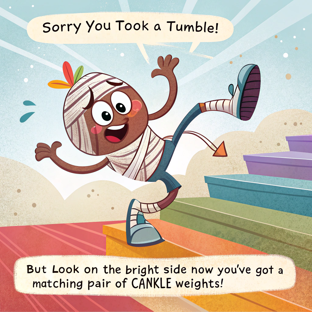 At the top of the image, "Sorry you took a tumble!"

Add at the bottom of the image, "But look on the bright side – now you've got a matching pair of cankle weights!"

- Illustrate a playful cartoon scene featuring a character mid-fall, with exaggerated wide eyes and comically flailing limbs. Their ankles are humorously wrapped in bandages that resemble weights. The background shows a whimsical set of colorful steps, each step slightly askew to emphasize the light-hearted chaos of the scene.
Generated with these themes: Generate me a greeting card that says "Sorry you fell over" and has a cartoon of someone humorously falling down some steps and hurting both of their ankles, and .
Made with ❤️ by AI.