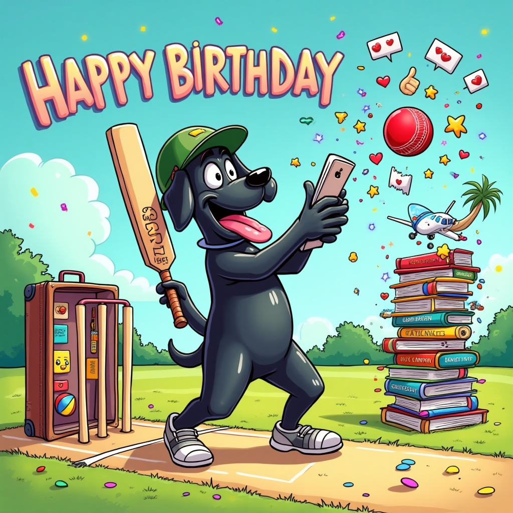 At the top of the Cartoon Style image, place the text "Happy Birthday Theo" in big, bold, bubbly letters with a cricket-scoreboard vibe, surrounded by colorful confetti.

A bright, playful cartoon scene with exaggerated proportions and thick black outlines: On a sunny cricket pitch, a gleeful black Labrador in comically oversized cricket pads and a too-big helmet is mid-swing with an enormous bat, tongue lolling, whacking a red ball that bursts into floating heart and thumbs-up icons (social media) and sparkly stars. The stumps are cheekily made from a giant ruler and pencils (study vibes), and beside them a teetering stack of revision guides, flashcards, highlighters and a calculator whirl with energetic motion lines (A-levels). To one side, an open suitcase explodes with holiday fun—beach ball, snorkel, sunglasses, sun lotion, and a tiny pop-up palm tree—while a plane scribbles a loopy contrail across a candy-blue sky. A smartphone on a selfie stick is strapped to the dog’s helmet, capturing the chaos with cartoon notification bubbles and emoji reactions around it. Colors are bright and saturated, expressions big and goofy, with bouncy shadows, confetti, and whimsical motion lines everywhere for a funny, celebratory vibe.

At the bottom, add a small cheeky caption: "Smash wickets, ace A-Levels, rack up likes—then off on holiday!"
Generated with these themes: Cricket, black Labrador, studying A levels, holidays, social media, and .
Made with ❤️ by AI.