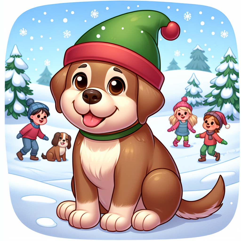 This charming cartoon scene captures the holiday spirit with a chubby brown-coated adult Labrador Retriever. It sits merrily in a snowy landscape, its friendly brown eyes looking on as children play in the distance. The dog is adorned with a green elf hat, adding a touch of whimsy to this heartwarming Christmas tableau.
.
Made with ❤️ by AI.
