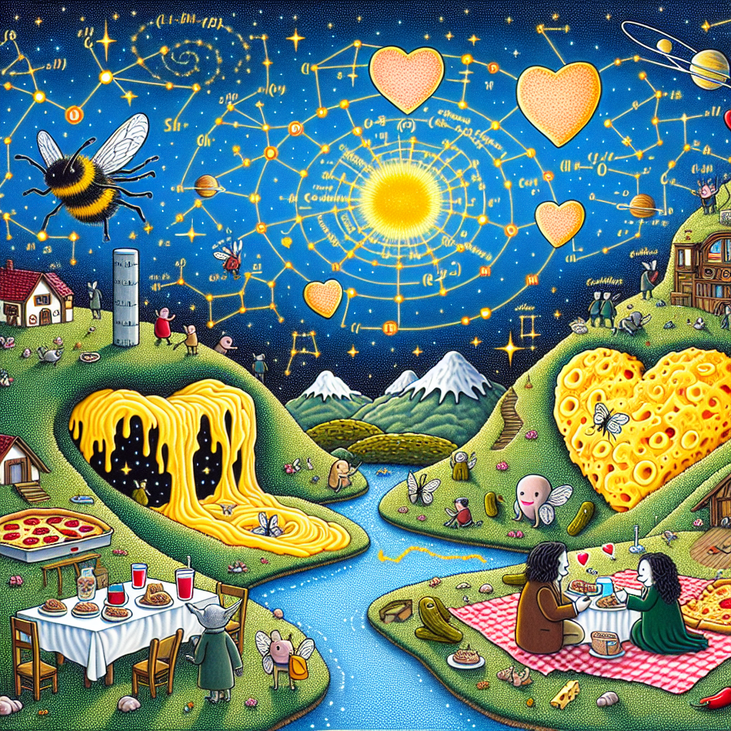 Imagine a peculiar version of a small-town setting, landscaped with rolling hills crafted from mashed potatoes and scattered with tiny homes made of pickles. Tiny creatures that resemble bees with wings shaped like hearts flutter through a sky filled with constellations formed by scientific equations. A river, with the appearance of molten cheese, runs from a giant structure that resembles a pizza. Small, hobbit-like individuals dressed in scientist's coats are enjoying a picnic on blankets that look like giant tea leaves, sipping from drinking vessels that seem to be scientific beakers. In the central part of this scene, a classic-style television set emerges from the earth, showing a loop of an old-fashioned love scene, casting a romantic mood throughout the area. This cosmic-themed Valentine's card symbolizes a love as unending as the whimsical universe it depicts.
Generated with these themes: Gherkin, Potatoes, Bees, Hobbiton, Science, Tea, Pizza, and Tv.
Made with ❤️ by AI.