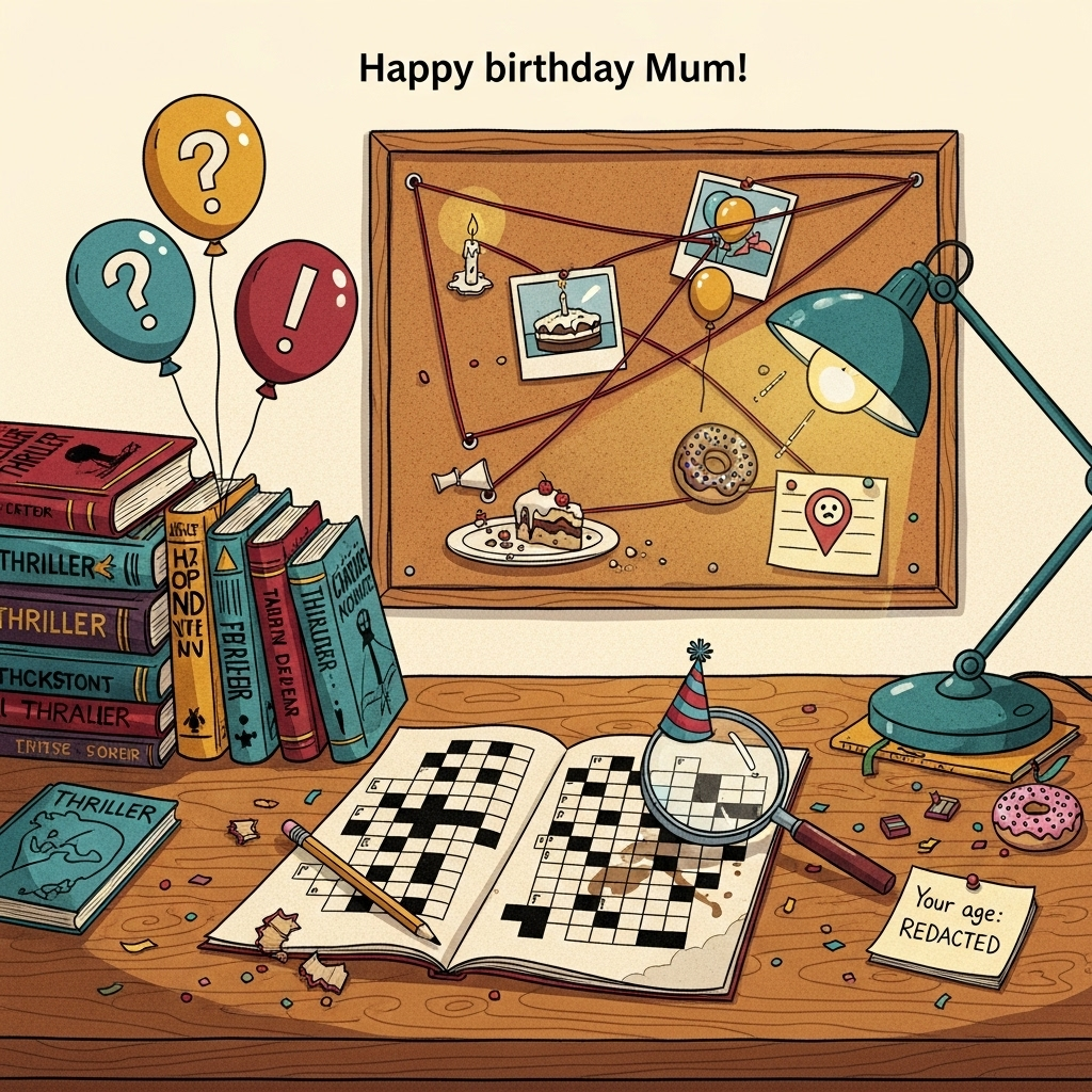 At the top of the Illustration Style image, Happy birthday Mum!
Hand-drawn illustration with fine linework and textured brush strokes; warm, expressive palette of ochre, teal, burgundy, and cream. A cozy, noir-ish study in balanced composition: a large wooden desk dominates the scene with a giant open crossword puzzle at center (bold grid, no lettered answers), a magnifying glass wearing a tiny party hat hovering over the squares, pencil shavings and coffee ring stains, confetti sprinkled around. Stacks of well-loved thriller novels lean to one side, their moody cover art and dog-eared pages hinting at suspense; a question-mark balloon and an exclamation-mark balloon bob nearby. Behind the desk, a corkboard “evidence wall” with red string connects playful birthday clues: a candle stub, cake crumbs, and a balloon photo; a donut with a bite sits near a quirky evidence marker (symbol only, no extra text). Soft amber lamplight, gentle shadows, warm paper texture, and lighthearted details keep the mood funny, not dark.
Add one small in-scene caption on a sticky note pinned to the corkboard (bottom-right), in a playful handwritten style: Your age: REDACTED.
No other text.
Generated with these themes: Thriller novels, Crosswords, , , and .
Made with ❤️ by AI.