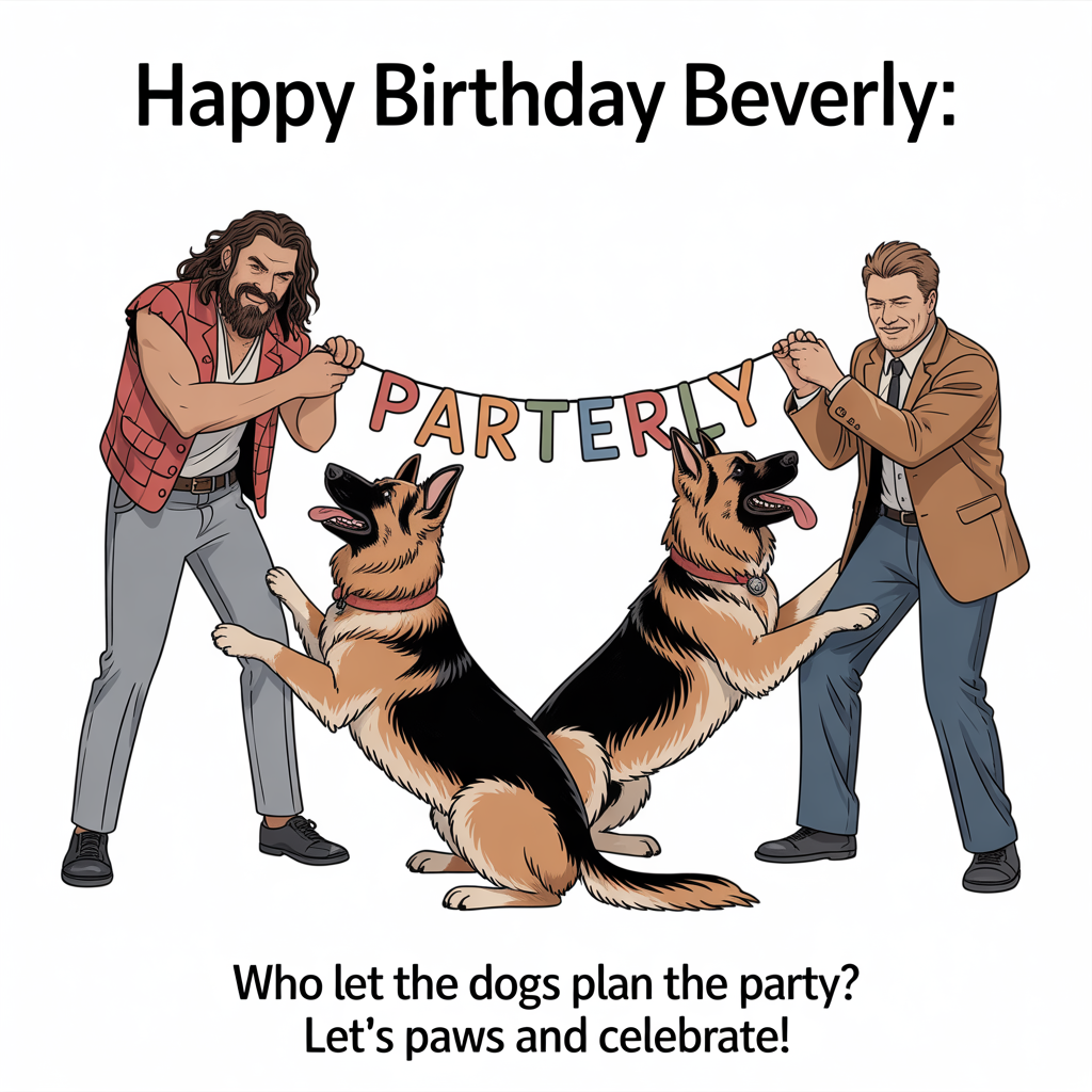 At the top of the image, "Happy Birthday Beverly:"

In the center, a scene unfolds where Jason Momoa and Sean Bean, both dressed as stylishly cool party-goers, attempt to hold a party banner with the help of a pair of mischievous German Shepherds. The dogs, clearly having their own plans, are playfully tugging at the banner, making the scene hilariously chaotic.

At the bottom of the image, add: "Who Let the Dogs Plan the Party? Let’s Paws and Celebrate!"
Generated with these themes: German shepards,Jason mamoa,sean bean, and .
Made with ❤️ by AI.