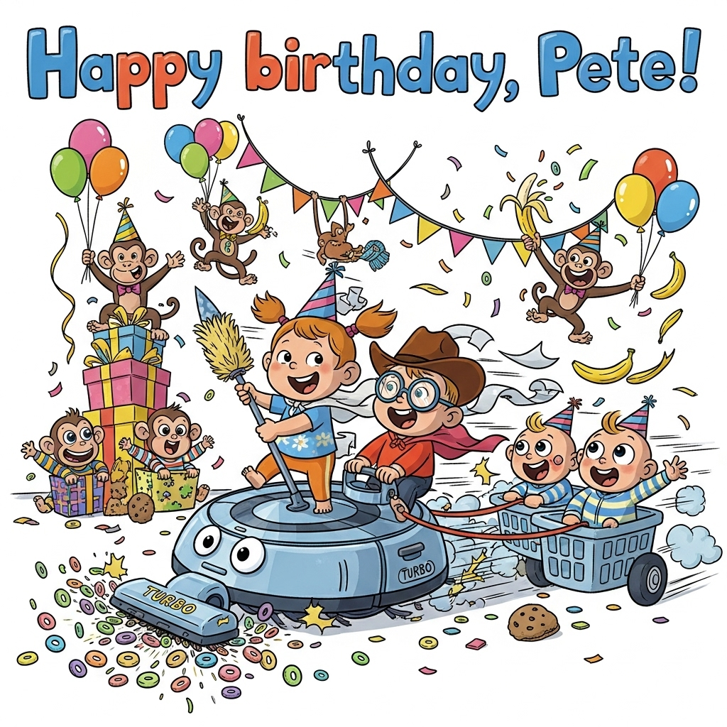 Robot vacuum, Monkeys , 2 toddlers, 2 babies, and Birthday Card