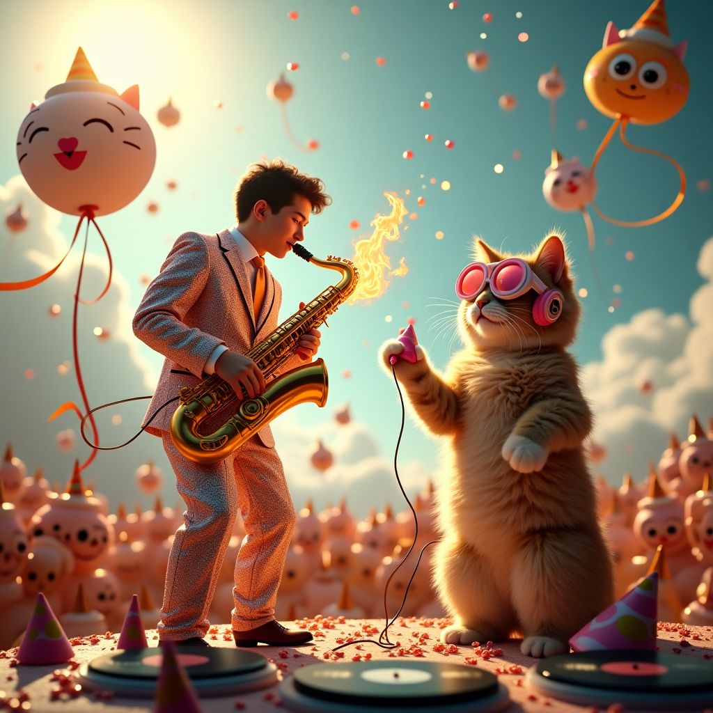 At the top of the realistic photograph image, "Happy Purr-thday, Theo—Now You're Meow-sically 16!"

A hyper-realistic, surreal birthday scene in a sun-drenched concert hall floating above the clouds: Josh Hutcherson is center stage, wearing a sequined suit made entirely of birthday streamers, playing a flaming saxophone shaped like the number 16. Next to him, a fluffy tabby cat stands on its hind legs, sporting oversized headphones and DJ-ing with cake slices on turntables made of vinyl records. The audience? Dozens of hovering helium balloons with expressive cartoon eyes and little party hats, swaying to the music. The background features floating cupcakes orbiting a gigantic disco ball shaped like a cat’s face. Sparkles, birthday confetti, and sheet music made of icing swirl gently through the air, adding dreamlike movement to the whimsical celebration.
Generated with these themes: Josh Hutcherson, Tabby cat, Music, and 16.
Made with ❤️ by AI.