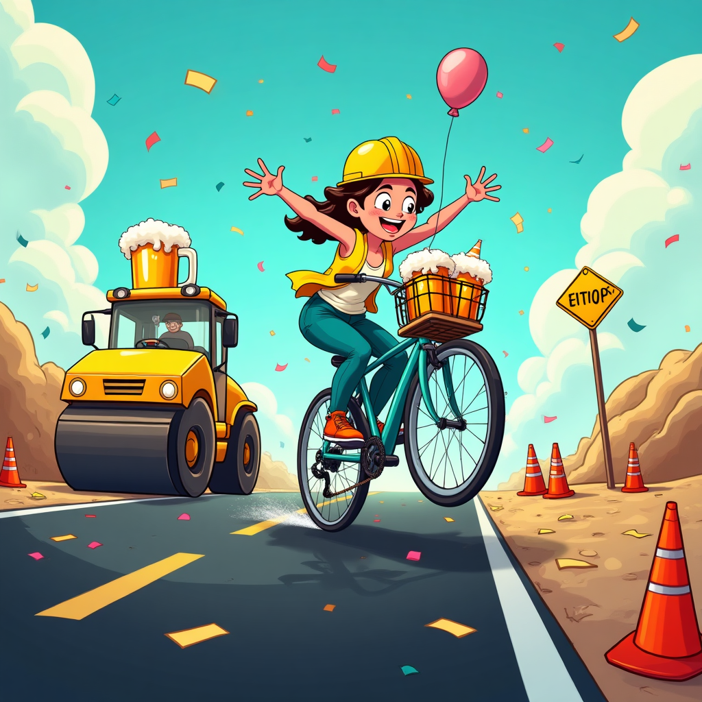 At the top of the Cartoon Style image, Happy Birthday' Jen!

A funny, high-energy cartoon scene on a sunny asphalt construction site: a gleaming, just-paved black road arcs through the frame, sprinkled with confetti and balloons. Center stage, Jen—big expressive eyes, oversized hard hat and neon safety vest—pops a wheelie on a bright teal bicycle; the front basket carries clinking amber beers with frothy foam puffing like tiny clouds. To the left, a chunky yellow steamroller rolls buttery-smooth asphalt, its roller sparkling to show “ultra-smooth.” Orange traffic cones wear tiny party hats and line the fresh bike lane. A giant, golden beer mug rides on the steamroller like a water tank, foam splashing up into candle-like shapes. Streamers whip across a vibrant turquoise sky; motion lines and dust puffs add zip and humor.

Style it with thick, hand-inked outlines, bright saturated colors, exaggerated proportions, and whimsical, energetic poses. Deep charcoal asphalt with blue highlights; neon orange cones; sunny yellow machinery; emerald and hot-pink accents; warm amber beer glow; soft shadows and poppy highlights.

At the bottom-right on a small yellow road sign, add a cheeky single-line caption: Pave, Pedal, Pilsner!
Generated with these themes: Asphalt construction, bike riding and beer, and .
Made with ❤️ by AI.