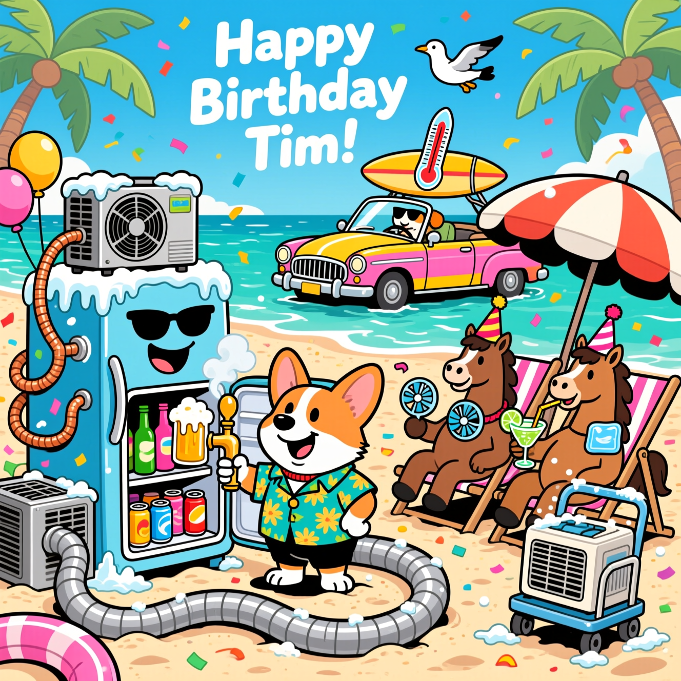 At the top of the Cartoon Style image, Happy Birthday Tim!

Playful, exaggerated Cartoon Style beach party scene with thick black outlines and bright, saturated colors. Center-left, a grinning anthropomorphic refrigerator in sunglasses chills on the sand, frosty mist rolling from its open door filled with colorful bottles and cans. Perched on and around it, a shiny HVAC condenser unit with a spinning fan, copper refrigerant lines looping like party streamers, and a flexible silver duct snaking across the sand like a goofy float. Front and center, a cheeky corgi bartender in a Hawaiian shirt pours a foamy beer from a tap attached to the fridge, smirking with sarcastic energy. To the right, two goofy horses in beach chairs under a striped umbrella wear party hats; one has a neck fan and an ice pack, the other sips a margarita through an absurdly long straw while a portable AC cart blasts tiny snowflakes over them. In the background, a candy-colored classic convertible is parked on the beach, its vents puffing chilly air; a cool dog in shades sits in the driver’s seat with a surfboard-on-top shaped like a thermometer. Turquoise water, sunny sky, palm trees, confetti, balloons, and a seagull in earmuffs complete the festive vibe. Energetic poses, dynamic diagonals, bouncy proportions, and crisp cel-shaded highlights on ice and chrome.

At the bottom in small playful lettering on a ribbon in the sand: Stay cooler than the beer—your HVAC’s on vacation.
Generated with these themes: Refrigeration, Hvac, Sarcastic, Alcohol , Horses, Dogs, Cars, Beach, and .
Made with ❤️ by AI.