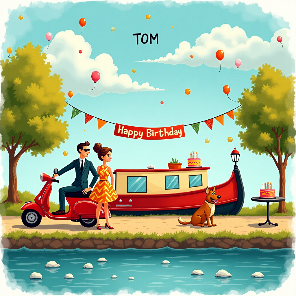 In this vibrant and whimsical birthday card scene, picture a colorful, sunlit canal where a charming 1960s-era canal boat, lovingly painted in vivid red and cream hues, gently rocks in the water. Moored alongside the bank, the boat is adorned with festive bunting and balloons fluttering in the gentle breeze. On the deck stands a Caucasian couple, each dressed in quintessential '60s mod attire. The male, sporting a tailored sharp suit and a pair of shiny loafers, dons his iconic thin tie and sunglasses, while the female, clad in a stylish shift dress with bold geometric patterns, adjusts her beehive hairdo with a playful smile. 

At the center of the scene, proudly parked on the canal path, is a gleaming vintage Lambretta scooter, its chrome polished to perfection, reflecting the azure sky. Beside it, a German Shepherd with a jaunty bandana sits contentedly, its intelligent eyes following a trail of bubbles floating into the air. 

In the sky above, fluffy clouds form the shape of the word "TOM" as if painted by the wind, while a vibrant "Happy Birthday" banner stretches between two trees along the canal, fluttering gracefully above the deck. Nearby, a small table on the canal boat holds a modest yet colorful birthday cake, candles flickering, ready to be blown out by the birthday boy. The details are rich and intricate, drawing inspiration from the classic storytelling illustrations of Norman Rockwell and the whimsical linework of Quentin Blake, each element coming together to celebrate Tom's special day.
Generated with these themes: Vintage lambretta scooter, 1960s mod , Caucasian male , Married caucasian female 60s mod, German shepherd, and Lives on canal boat.
Made with ❤️ by AI.