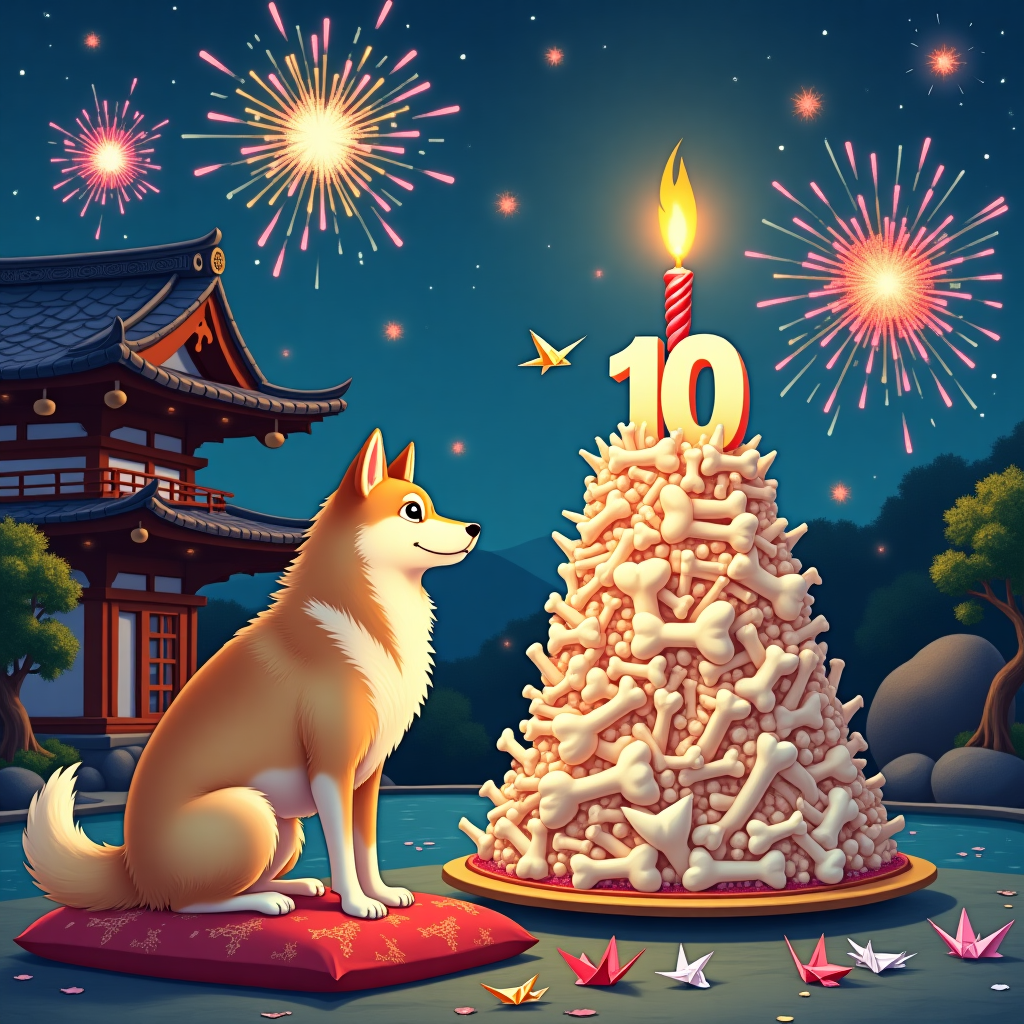 Long hair akita inu dog, Japanese temple, Japan, Birthday cake with bones and 10 years candle, Origami , and Fireworks Birthday Card
