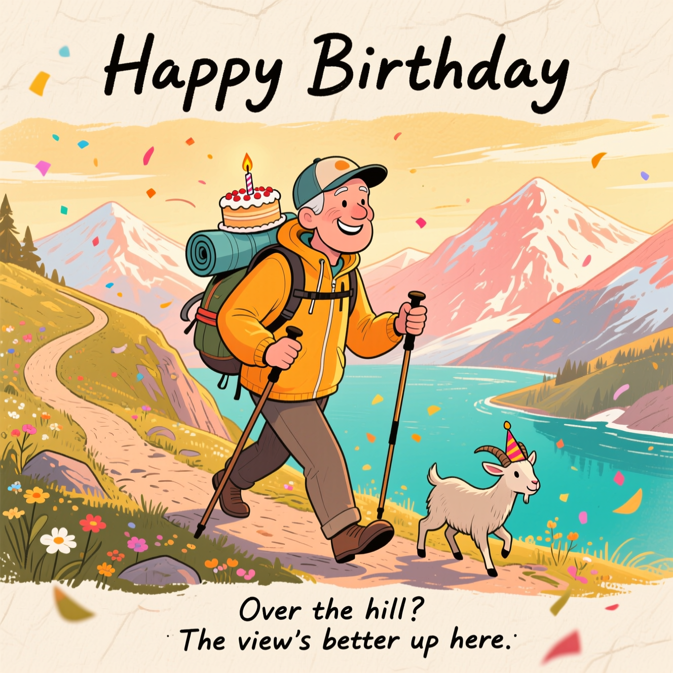 At the top of the Illustration Style image, "Happy Birthday"

Hand-drawn illustration in a warm, expressive color palette with fine linework and textured brush strokes, portrait orientation. Funny mountain scene at golden hour: an older, clean-shaven man (60s, no beard) in a well-loved baseball cap and bright windbreaker strides up a high alpine ridge with two hiking sticks, grinning with lively energy. His pack is comically strapped with a slightly wobbly birthday cake and a rolled sleeping mat; a single candle flickers as he hikes. A tiny mountain goat in a party hat scrambles behind, trying to keep up. The winding S-curve trail leads the eye past the hero to shimmering teal-blue lakes below and snow-dusted mountains glowing in apricot-rose light. Wildflowers and confetti-like leaves swirl in the warm breeze. Balanced composition: crisp ink lines on the character, watercolor-like sky wash, paper-grain texture, golden rim light and long soft shadows, playful details and cozy adventurous vibe. Illustration Style, humorous and celebratory.

At the bottom of the image, small hand-lettered caption: "Over the hill? The view’s better up here."
Generated with these themes: Older man with no beard, Hiking, Hiking sticks, Mountains, Lakes, Baseball cap, and .
Made with ❤️ by AI.