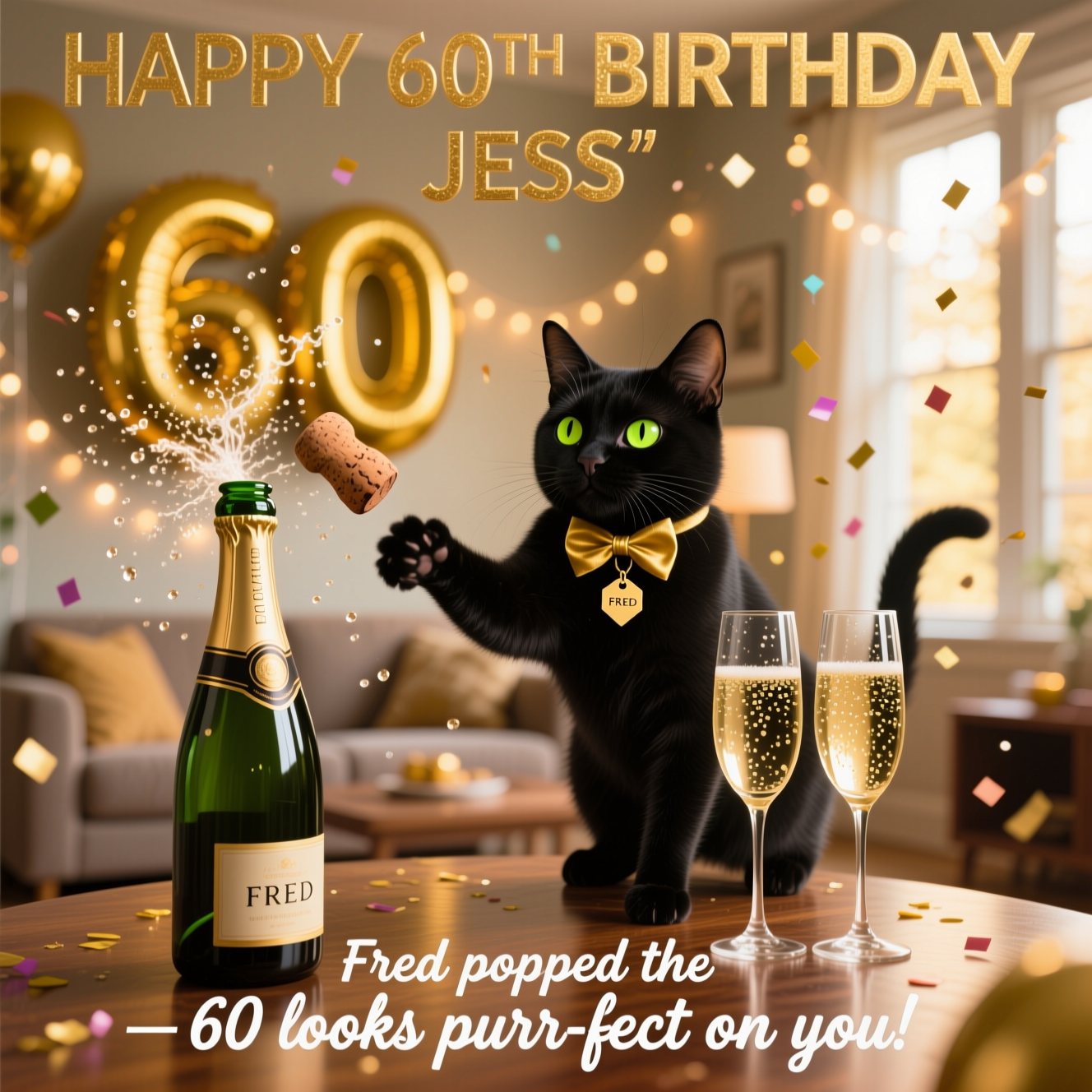 At the top of the Photorealistic picture taken from a camera image, "HAPPY 60TH BIRTHDAY JESS"

At the bottom of the image, "Fred popped the champagne — 60 looks purr-fect on you!"

Ultra-high-definition 4K UHD, photorealistic scene: In a warmly lit living room set for a 60th birthday, a polished wooden table holds a just-popped champagne bottle with the cork mid-flight and a sparkling spray of fizz catching the light. Two elegant champagne flutes gleam with tiny bubbles. Behind, golden “60” foil balloons and soft fairy lights glow, slightly out of focus for rich depth and creamy bokeh. Front and center, a sleek black cat named Fred, wearing a tiny gold bow tie and a small tag clearly reading “FRED,” stands with one paw extended as if he launched the cork, wide yellow-green eyes and a hilariously guilty/proud expression. Confetti floats in mid-air; droplets and condensation bead on the bottle for lifelike texture. Natural golden-hour window light, true-to-life color, accurate lighting and reflections, fine detail in Fred’s fur and the champagne spray, subtle motion blur on the cork for dynamic realism. Eye-level perspective with the cat and bottle crisp, background softly blurred. Typography: top headline in bold champagne-gold metallic lettering with soft highlights; bottom line in playful white script with a gentle shadow for legibility, both clean and unobtrusive over the scene.
Generated with these themes: , CHAMPAGNE, 60TH BIRTHDAY, BLACK CAT CALLED FRED, and .
Made with ❤️ by AI.