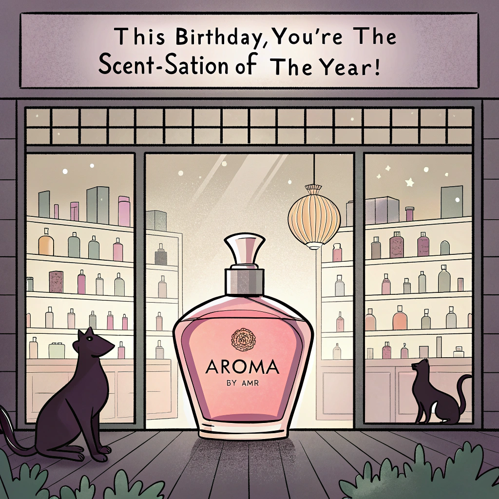 Window display of perfume bottles , Large bottle of perfume in the middle, Large bottle has label saying AROMA by Amr, and Banner in window says Once smelt, never forgotten Birthday Card