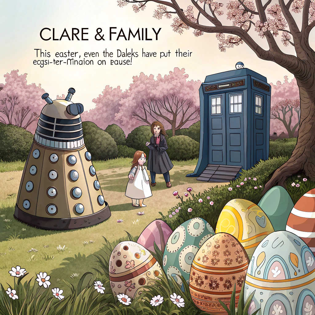 At the top of the image, "Clare & Family – This Easter, even the Daleks have put their eggs-ter-mination on pause!"  

- In the realistic photographic image, show a sunlit garden in early spring, dotted with colorful Easter eggs.  
- A weathered but iconic blue TARDIS stands in the background beneath a blossoming tree, with its door slightly ajar and a trail of chocolate egg wrappers leading out.  
- In the foreground, a Dalek – covered in pastel egg-patterned decals – is precariously balancing a wicker basket full of Easter eggs, one eye-stalk tilted inquisitively at a nearby bunny.  
- The bunny stares back unfazed, mid-chomp on a carrot, next to a small sign reading: "Hop, Not Exterminate!"  
- Bonus: An out-of-focus figure wearing a long trench coat and sneakers dashes across the background holding an overstuffed Easter egg, implying the Doctor’s cheeky egg heist.
Generated with these themes: Tardis with Dalek at Easter time.
Made with ❤️ by AI.