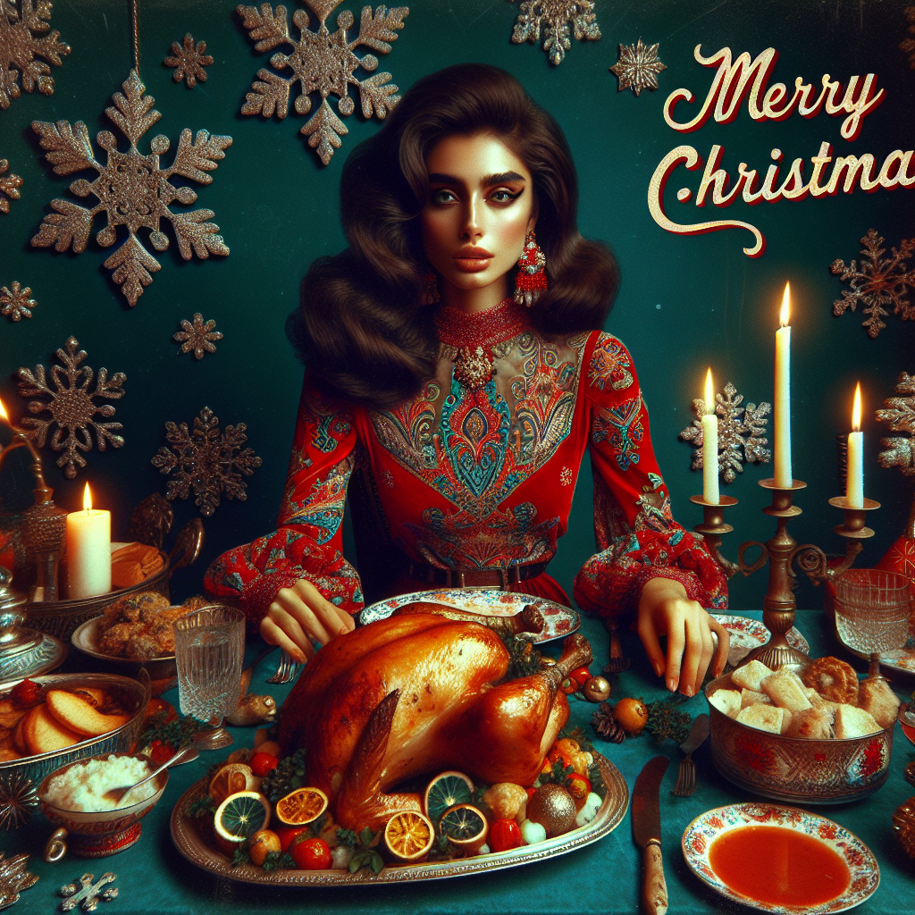 Picture a festive scene that is a blend of a classic birthday and a vintage 70s or 80s Christmas dinner. In the center is a young Middle-Eastern woman elegantly dressed in vibrant red attire featuring intricate paisley patterns, a nod to the fashion of the era. Luxuriant dark hair frames her face. Seated at a table filled with a profusion of holiday treats - a succulent roasted bird, distinctive wreath-shaped hors d'oeuvres, an array of side dishes. The dim ambiance is lifted by candles radiating a comforting glow. Against a teal backdrop, we see metallic snowflakes in a retro style. To the left, a text in a classic red and white that reads 'Merry Christmas' in an old-style font inducing nostalgia.
Generated with these themes: realistic retro-style Christmas scene reminiscent of the 1970s or 1980s. Central to the image is a person seated at a festive dinner table, wearing a bright red outfit adorned with an ornate, possibly paisley-patterned vest or front panel. The person has dark, voluminous hair styled in a fashion typical of that era.  The table is filled with a traditional Christmas feast, including a large roasted turkey or other poultry, a decorative wreath-shaped dish (possibly a salad or appetizer), various side dishes and fruits, and lit candles. Christmas decorations add to the festive atmosphere.  The backdrop behind the table is teal or light blue and decorated with metallic snowflake ornaments. On the left side of the image, there is a "Merry Christmas" text overlay in a retro font style, colored in red and white..
Made with ❤️ by AI.