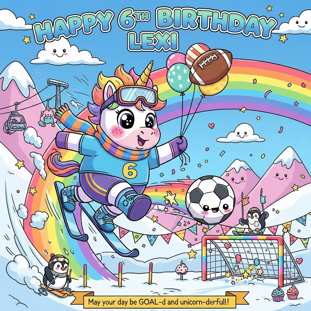 At the top of the Cartoon Style image, Happy 6th Birthday Lexi

A big, cute, high-energy cartoon scene in bright saturated colors with thick outlines: Center a chubby, sparkly-eyed unicorn with a pastel rainbow mane and rosy cheeks, wearing a sporty soccer jersey with a bold “6” and a cozy striped scarf. The unicorn, in shiny ski boots and goggles perched on its horn, is mid-jump while skiing down a glowing rainbow that arcs across the sky like a ski slope. One hoof kicks a giant, adorable soccer ball that trails rainbow stardust toward a tiny, festive goal net at the bottom; the other hoof holds strings to bouncy party balloons, including one shaped like an American football to nod to football. Add whooshing motion lines and confetti snowflakes for extra pep.

Background: candy-colored snowy mountains, a distant ski lift, and puffy, smiling clouds. Place bunting and streamers around the goal, with little star and heart sparkles. Add a few playful side characters—like a penguin in a tiny referee shirt cheering on skis. Scatter mini details like cupcake-shaped slalom poles and candle markers along the rainbow slope.

Style notes: exaggerated proportions, thick black outlines, clean cel shading, glossy highlights, and a punchy, joyful palette. Keep the composition dynamic and vertical, with the unicorn large and central.

Render the headline in bubbly rainbow-gradient letters with a thick white outline and subtle glitter, floating at the top with tiny stars.

Optional small caption at the bottom on a ribbon: “May your day be GOAL-d and unicorn-derful!”
Generated with these themes: Unicorn, Rainbows, Football, Soccer, Skiing, and .
Made with ❤️ by AI.