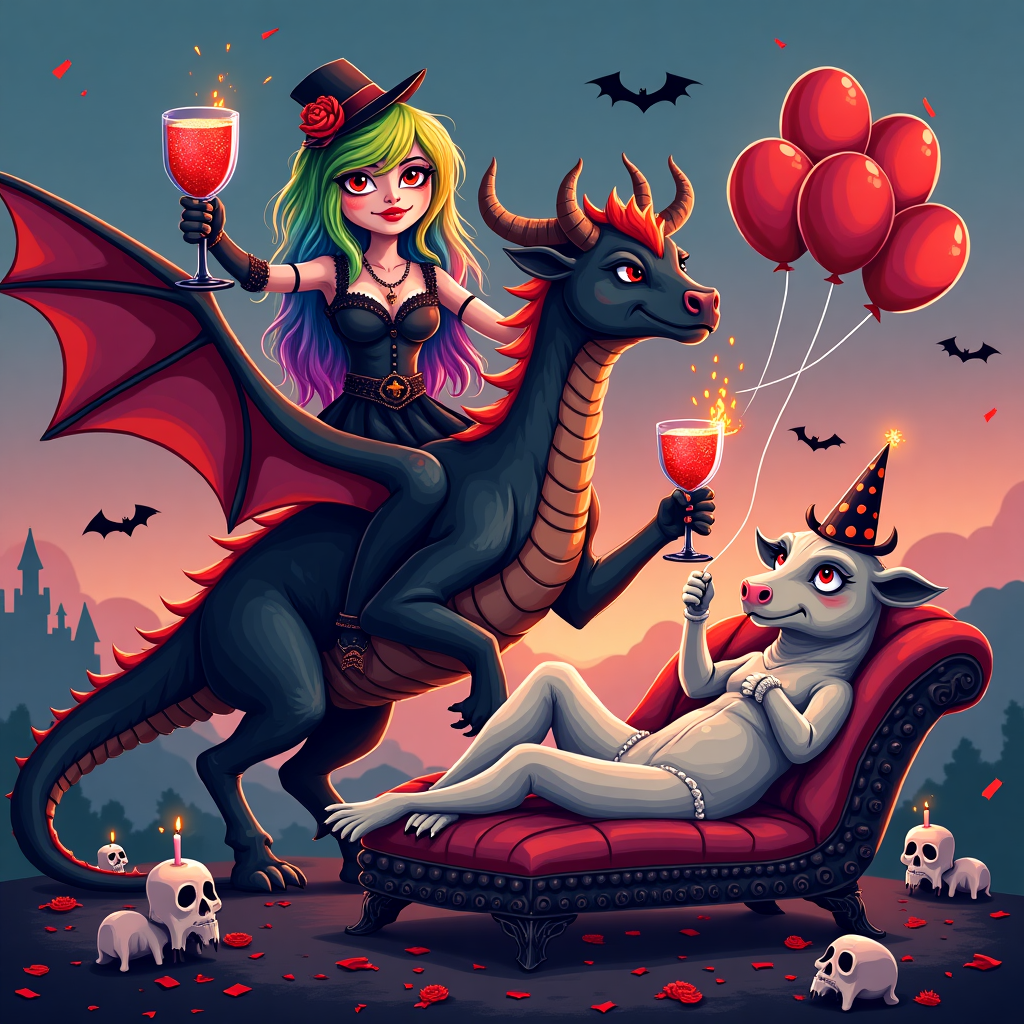 Gothic girl with colourful hair, Dragons, Highland cow, and Wine Birthday Card