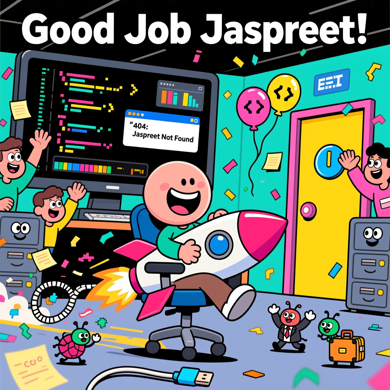 At the top of the Cartoon Style image, the text "Good Job Jaspreet!"

Playful, funny, high-energy cartoon scene set in a colorful software dev office. In the center, a wide-grinned developer with an oversized head and tiny legs zooms off in a rolling office chair like a rocket, propelled by a sparking, coiled USB cable; a trail of pixel-confetti shaped like curly braces, brackets, and semicolons swirls behind. Around them, chunky, big-eyed teammates with exaggerated poses cheer, high-five, and toss sticky-note confetti. Cute “code bugs” with tiny suitcases scuttle after the chair, waving goodbye. A giant monitor in the background shows bright, stylized code, pop-up windows, and progress bars; on one pop-up window, include the cheeky one-liner: "404: Jaspreet Not Found". Add balloons shaped like </> and {}, a power-button–shaped exit door, and friendly server racks with smiling faces. Thick black outlines, bold saturated colors (teal, magenta, lemon yellow, electric blue), dynamic motion lines, glossy highlights, and a slightly tilted, energetic perspective. Portrait orientation, image-first composition, minimal text.
Generated with these themes: Computer software, and .
Made with ❤️ by AI.
