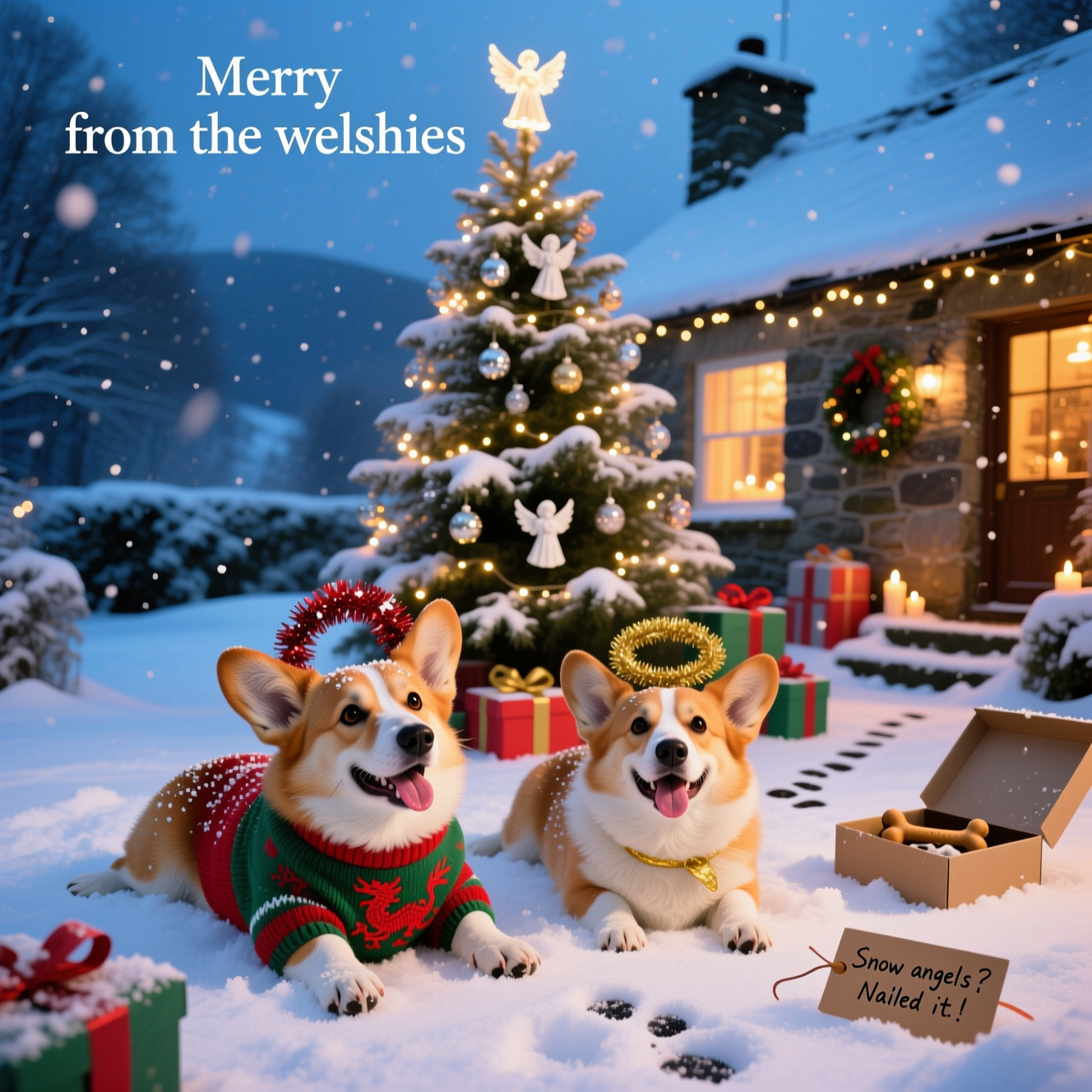 At the top of the Photorealistic picture taken from a camera image, "Merry Christmas from the welshies"

Ultra-high-definition 4K UHD photograph with accurate lighting, lifelike textures, and rich depth of field, capturing a true-to-life scene: Blue-hour snowfall outside a cozy Welsh stone cottage, shot on a full-frame DSLR at 35mm, f/2.8, eye-level, with a creamy bokeh of warm fairy lights. Foreground: two Pembroke Welsh Corgis on their backs in pristine snow, mid-flail, creating perfect snow angels with their short legs; tongues out, noses shiny, fur dusted with sparkling snow crystals. One corgi wears a red-and-green Welsh-knit sweater with a subtle red dragon pattern and a tinsel “halo” slipped over one ear; the other has a gold ribbon halo and a goofy grin. Behind them stands a towering outdoor Christmas tree, branches snow-laden, wrapped in warm white lights, decorated with glass angel ornaments, and crowned by a softly glowing angel topper. Around the tree: brightly wrapped presents half-dusted with powdery snow, ribbons curling, one box tipped open with a squeaky bone peeking out. Gentle flurries streak the air; pawprints lead up to the scene; cottage windows glow amber with wreaths and candles. Small, witty in-scene text: a single short line printed on a gift tag near the bottom right, playful handwritten style, reading “Snow angels? Nailed it.” Natural color balance mixing cool twilight blues and warm festive golds; lifelike textures of stone, pine needles, glossy ornaments, matte gift wrap; candid, funny, heartwarming, true-to-life.
Generated with these themes: Christmas tree, snow, angels, Presents. , and .
Made with ❤️ by AI.