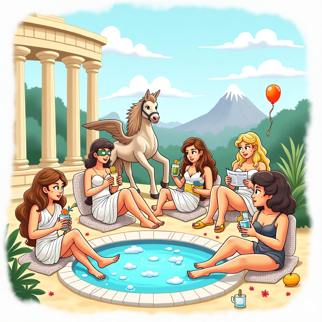 **Image Prompt:**

At the top of the illustration image: *Mount Olympus Has Spoken... It’s Spa Day for Mummy!*

Create a whimsical and humorous illustrated scene on Mount Olympus. A group of iconic Greek goddesses — Aphrodite with cucumbers on her eyes and a clay mask, Athena lounging in fuzzy slippers reading a gossip scroll, and Hera wearing a golden bathrobe — are all enjoying a luxurious relaxation day under the Grecian sun. Dionysus is serving grape smoothies with tiny lightning bolt stirrers, while Hermes gives a foot massage (wearing his winged sandals, of course). In the background, Zeus is reluctantly fanning everyone with a giant peacock-feather fan, rolling his eyes.

The marble columns are decorated with balloons and festive streamers. A pampered Pegasus lounges in a towel-toga near a bubbling hot spring that has "ambrosia & bubbles" pouring in. There’s an olive-oil jacuzzi and a harpist satyr providing ambient spa music.

In soft, fun lettering across the bottom or floating among the clouds: **Happy Birthday**.
Generated with these themes: Greek goddesses and other characters from Greek mythology relaxing on Mount Olympus, and No writing apart from Happy Birthday.
Made with ❤️ by AI.