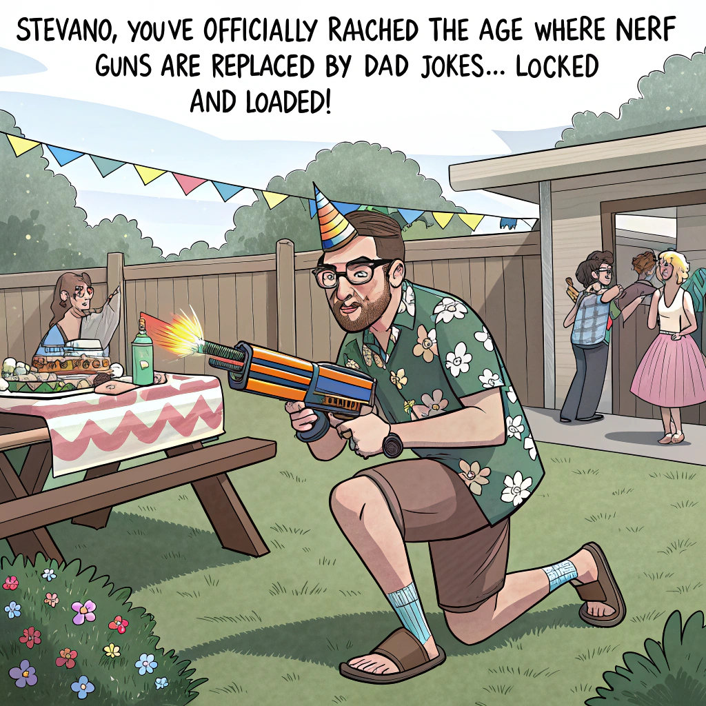 At the top of the image, "Stevano, you've officially reached the age where Nerf guns are replaced by ‘dad jokes’… locked and loaded!"

- Create a realistic photograph of a suburban backyard BBQ scene where a man resembling Stevano (mid-30s, slight smirk, party hat) is crouched behind a picnic table in full "tactical birthday mode"—wearing a Hawaiian shirt, socks with sandals, and comically wielding an oversized toy Nerf gun modified with absurd birthday add-ons (streamers, candles on the barrel, etc).

- Guests duck behind folding chairs and bushes while laughing, holding up plates of cake as shields.

- A banner in the background reads: “Mission: Survive Stevano’s Birthday!”

- Include absurdly oversized cake crumbs and confetti flying through the air like slow-mo action debris, and a little dog in aviator goggles peeking from behind a grill for extra cheeky detail.
Generated with these themes: gun.
Made with ❤️ by AI.