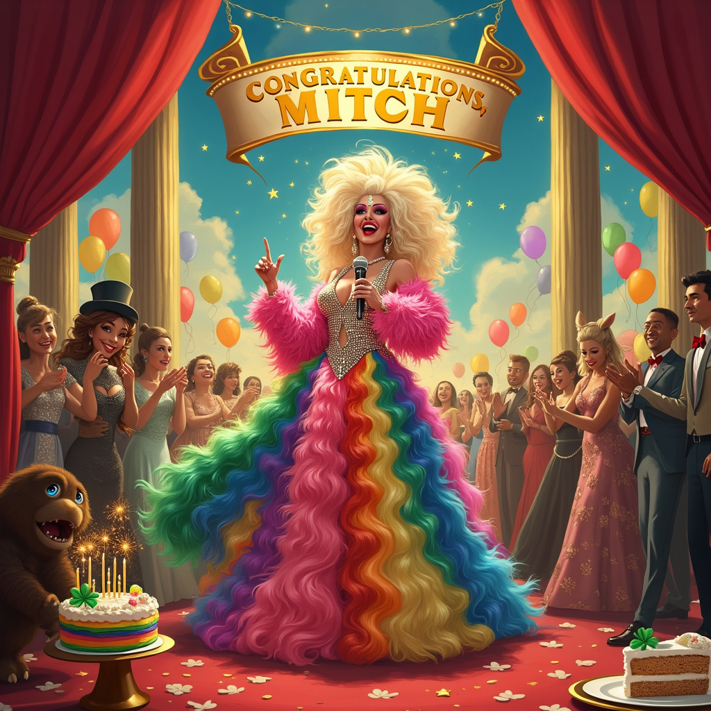 In a lively scene set on a bustling, glittering stage reminiscent of a Broadway show, imagine a flamboyant drag queen, with a luxurious feather boa and a bedazzled gown, center stage. Her outfit is a cascade of rainbow colors, shimmering and reflecting the stage lights in an explosion of pride and joy. She’s holding a sparkling microphone with a broad smile, about to sing a congratulatory song.

Behind her, a grand, ornate banner stretches across the stage. It’s adorned with intricate patterns reminiscent of Aubrey Beardsley's detailed designs, and it reads, “Congratulations, Mitch!” in big, bold, dazzling letters. The banner is flanked by tall, gold-trimmed, Art Deco pillars, evoking the classic elegance seen in Maxfield Parrish's works.

To her left, there is a whimsical creature, akin to Maurice Sendak's creations, perhaps a furry, friendly monster wearing a top hat and holding a four-leaf clover, symbolizing good luck. The monster has a gentle smile, conveying a sense of camaraderie and cheer.

On the right side of the stage, a small, round table with a cake sits. The cake is decorated with icing in swirling patterns and topped with sparklers, capturing the celebratory essence. A slice of the cake is already cut, revealing layers of bright, colorful sponge inside, in a nod to the joy and pride of the achievement being celebrated.

In the background, we see a lively audience of diverse characters, from elegant ladies in evening gowns to quirky, Beatrix Potter-esque anthropomorphic animals clapping and cheering. Above them, balloons in all shapes and sizes, including some shaped like stars, float up towards the ceiling, which is painted like a sky with the name “Mitch” spelled out in fluffy, golden clouds.

The stage curtains, lush and velvet, are pulled back to reveal this joyous celebration, with every element meticulously detailed, from the gleaming sequins on the drag queen’s gown to the intricate designs on the banner, ensuring that the viewer is drawn into this magical moment of pride, good luck, and congratulation for Mitch.
Generated with these themes: Pride, Good luck, and Drag queens .
Made with ❤️ by AI.