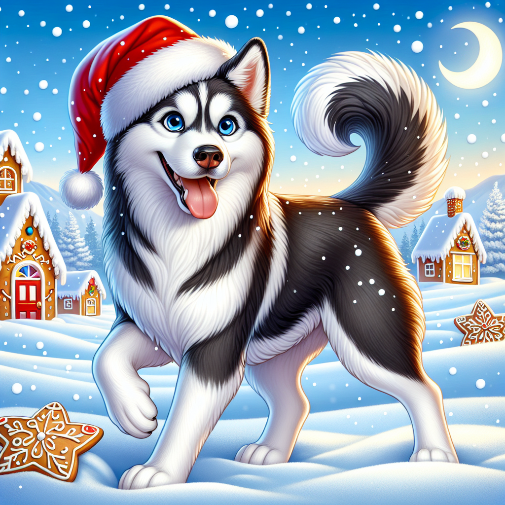 In this whimsical Christmas cartoon, a slender adult Siberian Husky is depicted with a striking black and white coat, complemented by captivating blue eyes. The Husky, donning a jolly Santa hat, playfully frolics in the fresh snow, surrounded by a landscape of gingerbread houses beneath a sky of falling snowflakes and a bright crescent moon.
.
Made with ❤️ by AI.