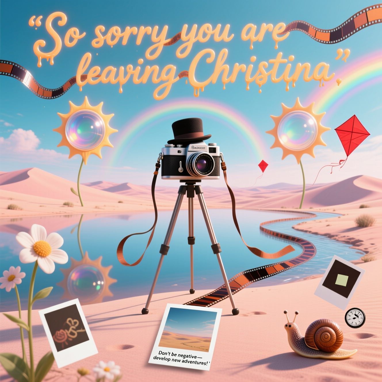 At the top of the Surreal Style image, "So sorry you are leaving Christina" written as flowing letters woven from curling film strips, softly glowing amber and gently melting at the edges.

A dreamlike, Dali-inspired photography world: an endless pastel desert made of glossy photo paper dunes, a mirror-still lake of developer fluid reflecting a sky of velvety cyan and peach. In the center, a vintage camera with impossibly long, spindly tripod legs is striding away toward the horizon, its body subtly melting and warping; the camera strap unspools behind it into a ribboning river of negatives that winds through the scene. Giant glass lenses rise like twin suns, casting rainbow bokeh halos and ethereal, volumetric light; aperture-blade flowers open and close on stalks, and Polaroids bloom like petals, their white borders fluttering. Whimsical details: a lens cap tips like a bowler hat in farewell, a little snail with a shutter-speed dial shell putters by, and floating focus squares drift like red kites. Long surreal shadows, heat-haze shimmer, soft fog, high detail with a touch of film grain, funny yet tender mood.

At the bottom, a small caption typed on a floating Polaroid border: "Don't be negative—develop new adventures!"
Generated with these themes: Photography, and .
Made with ❤️ by AI.