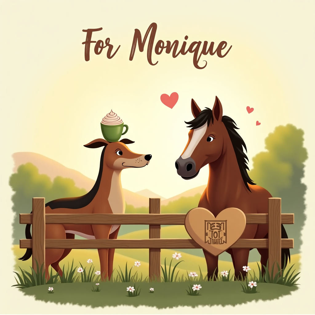 At the top of the Illustration Style image, "For Monique" in elegant, flowing script.

Create a scene in a warm and romantic illustration style where a dashing dashhound, with a glossy coat, playfully balances a matcha latte on its back. Nearby, a noble horse, adorned with gentle pastel hues, gracefully gazes at a Tiktok logo carved into a heart on the wooden fence they stand by. The background is a serene countryside bathed in golden light, dotted with wildflowers and gentle rolling hills. Above, a subtle caption reads, "When paws and hooves say thanks, it's matcha appreciated!"
Generated with these themes: Matcha, Dashhounds, Horses, Tiktok, and .
Made with ❤️ by AI.
