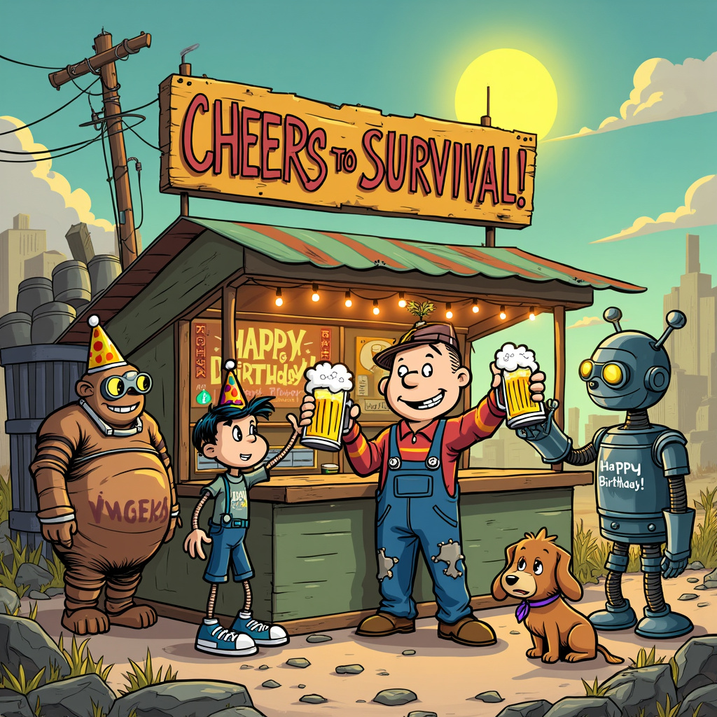 Picture this whimsical scene: At the center of a sun-soaked, post-apocalyptic wasteland, stands a brightly colored, ramshackle bar made from salvaged materials. Think Charles Schulz's simplicity with a hint of Hergé's meticulous detail. The bar’s sign, hanging slightly askew, reads "Cheers to Survival!" in cartoonish, bubbly letters reminiscent of a Bill Watterson creation.

In front of the bar, we see a lively gathering of quirky, cartoonish characters celebrating a birthday. Imagine Calvin and Hobbes meets The Far Side's humor. The birthday "kid" is a grizzled but cheerful vault dweller in a patched-up blue jumpsuit, topped off with a classic, colorful party hat. He's lifting a mug of frothy beer with a wide grin, his other hand holding a half-eaten radioactive cake that glows a sickly green, reminiscent of Osamu Tezuka’s imaginative color palette.

Surrounding him, various characters from this post-apocalyptic world are toasting with bizarrely shaped beer mugs. One character, a mutant with three eyes and an extra arm, wears a "Happy Birthday" t-shirt stretched over his bulging muscles. Another, a friendly robot with a top hat, clinks its metal mug with a retro-futuristic design against the vault dweller's glass, adding a touch of Will Eisner's retro charm.

The background is filled with details that tell a story: a bombed-out skyline, complete with crumbling buildings and twisted metal. Amidst the rubble, flowers bloom and a banner flutters in the breeze reading "Happy Birthday!" in bright, childlike handwriting, adding a touch of Winsor McCay’s dreamlike quality.

Behind the bar, an old jukebox (with a friendly face on its screen, a nod to R. Crumb's eccentric characters) plays a lively tune, and beer kegs stacked like a fortress hint at the abundance of celebrations to come. A small dog, clearly inspired by Snoopy but with a post-apocalyptic twist (perhaps a gas mask or a tiny suit of armor), dances on its hind legs near the jukebox.

In the corner, a mischievous child (think Little Nemo) peeks out from behind a rusted car, aiming a party popper at the crowd, ready to shower them with confetti made from old comics.

This is a scene bursting with life, humor, and the indomitable spirit of birthday joy in a world that refuses to be anything less than vibrant and celebratory, no matter the circumstances.
Generated with these themes: Fallout , Beer, and Happy birthday .
Made with ❤️ by AI.