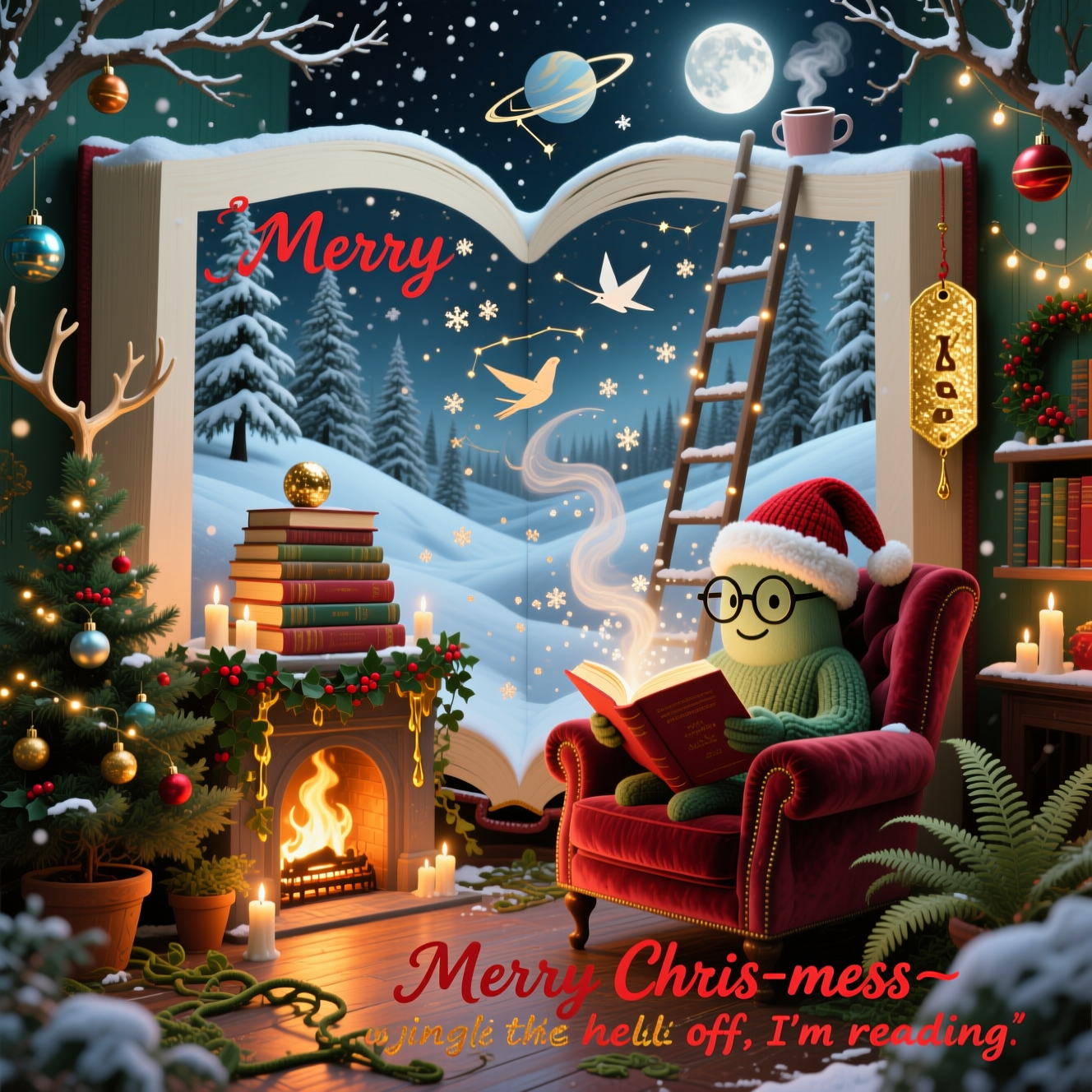 Prompt:
Dali‑inspired dreamlike surrealism — a cosy Christmas reading nook that melts into a winter wonderland. A giant open book forms the room itself: curling pages become snowy hills that flow into a pine forest of book-leaved trees and twinkling fairy lights. A velvet armchair (wearing a knitted Santa hat) cradles an anthropomorphic stack of books with round spectacles, reading a glowing tome whose drifting letters snow into the scene as glittering flakes. The fireplace sags like warm wax; candles droop and drip golden light. Potted evergreens, ivy, holly, and ferns overgrow the floor, their vines looping into impossible halos and antlers; baubles appear as tiny planets reflecting the room. A ladder of stacked novels climbs into a moonlit sky; steam from a mug of cocoa twists into constellations and paper birds. Ethereal moon-silver mixes with amber fireglow, soft volumetric rays, delicate bokeh, long Dali shadows, painterly texture, high detail, crisp frost on branches, gentle snowfall. Palette of pine green, holly red, warm gold, icy blue. Whimsically cheeky, slightly rude vibe. Full-bleed, no borders.

Include small text on image:
“Merry Chris-mess—now jingle the hell off, I’m reading.”
– Hand-lettered brush script, cranberry red with subtle gold-foil sheen, placed as a small caption on a dangling velvet bookmark over the glowing book; keep it unobtrusive yet readable.
Generated with these themes: Cosy christmas, Reading books, Bieng festive, Winter wonderland, Plants and trees, and .
Made with ❤️ by AI.