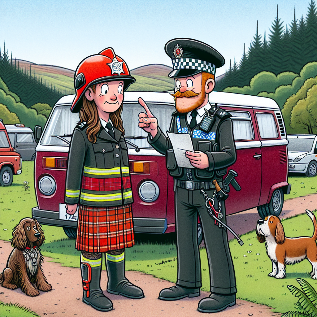 Caucasian scottish firefighter groom gets parking fine from bride police officer with brown cocker spaniel standing at a maroon campervan in Scottish highlands Wedding Card