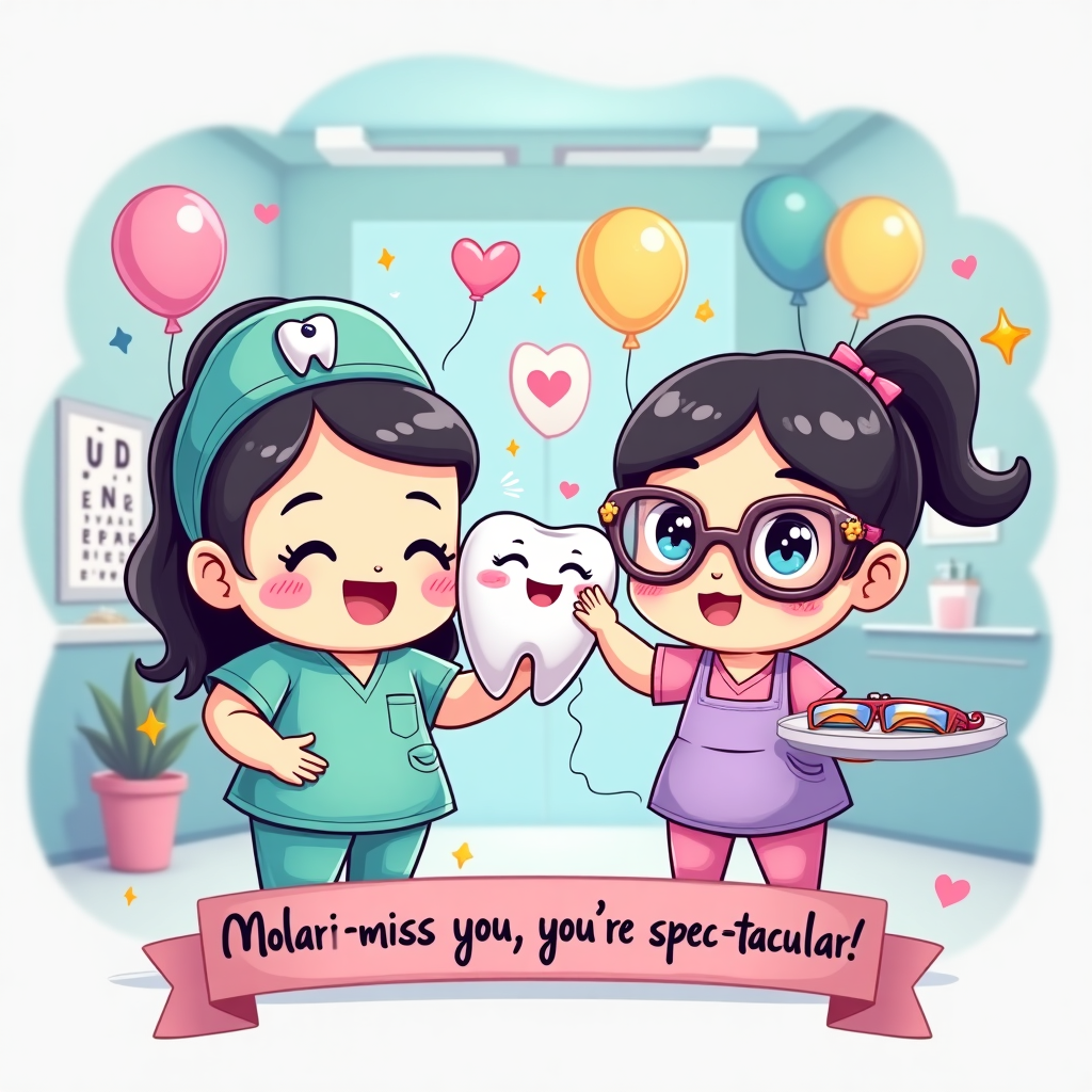 A kawaii farewell scene in playful cartoon style: two adorable chibi characters with oversized heads, thick inky outlines, and bright saturated colors. Left: a cheerful dental nurse in mint scrubs with a tiny tooth pin on her headband and mask tucked under her chin, cradling a glossy smiling tooth character with rosy cheeks and sparkles; a strand of floss swirls from her pocket into a heart-shaped arc. Right: a bubbly optical assistant in a lilac apron and oversized round glasses with star highlights, waving with one hand and holding a tray of colorful frames with the other; beside them, a cute icon-only eye chart (hearts and stars instead of letters). Between them, they high-five, making a tiny heart pop. Around them: tooth-shaped and glasses-shaped balloons drifting up, confetti, twinkly stars, and soft bubbly shadows. Background: a clean, candy-colored clinic corridor in a sky-blue to lavender gradient, with playful stickers and soft highlights, simple and uncluttered. Style: exaggerated proportions, thick outlines, bold candy palette (mint, bubblegum pink, lemon, sky blue, lilac), soft glow, crisp 2D vector feel, whimsical energetic poses. Composition: vertical, large central characters, minimal background. On-image caption (small, hand-lettered ribbon at bottom center, bubbly type, dark outline, pastel fill): “Molar-miss you, you’re spec-tacular!” No other text.
Generated with these themes: Kawaii style characters, Dental nurse, Optical assistant, and .
Made with ❤️ by AI.