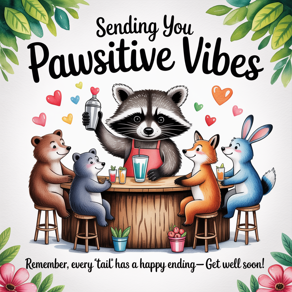 At the top of the image, "Sending You Pawsitive Vibes":

In the center, create a whimsical watercolor scene of a raccoon bartender with a tiny apron, shaking a cocktail shaker, surrounded by a jovial group of animal friends—a bear, a fox, and a rabbit—all sitting at a bar made of a tree trunk.

At the bottom of the image, "Remember, every 'tail' has a happy ending—get well soon!"
Generated with these themes: Bartending, cute animals, friends, and .
Made with ❤️ by AI.