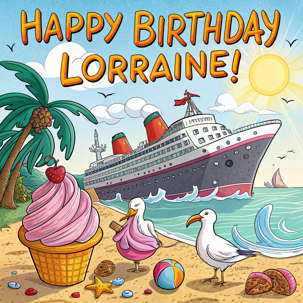 At the top of the Cartoon Style image, "Happy Birthday Lorraine!"

Create a playful, surreal sunny beach scene in bold cartoon style: thick black outlines, bright saturated colors, exaggerated proportions, and energetic, funny expressions. A colossal cruise ship floats just above the golden sand—its entire hull built from oversized, melting ice-cream scoops (strawberry pink, mint green, mango orange, chocolate, blueberry), glossy drips sparkling in the sun. On the drippy deck, whimsical seagulls in sunglasses and floppy beach hats lounge on deck chairs, one sunbathing, one reading a crumpled travel map, another cheekily licking a scoop. Swaying on both sides, palm trees with clocks for leaves tick at different times, hinting it’s always party o’clock. In the foreground, a giant sandcastle proudly shaped like a birthday cake rises up, frosted-like edges, sprinkled “sand-sprinkles,” and tall candle towers with cheery flames. Below, a playful crab with a tiny paintbrush and a rainbow paint bucket tiptoes along the sand, adding rainbow racing stripes to the ice-cream ship with a mischievous grin. The turquoise waves roll in and, as they kiss the shore, magically transform into strings of colorful party streamers and confetti that curl around the sandcastle-cake. Sunny blue sky, a few balloon-like clouds, and sparkling highlights complete the festive, travel-ready vibe.

Style the headline text as big, glossy, melting ice-cream letters with a chunky outline and a soft drop shadow for crisp legibility.

At the bottom of the image, add the punch-line in bold, playful party-lettering (letters shaped like streamers and confetti), with a thick outline for clarity: "Time to sail into another year of fabulous adventures!"
Generated with these themes: At the top of the Surreal Style image, the text reads: "Happy Birthday Cyndi".  ---  A dreamlike surreal scene unfolds on a sunny beach where a colossal cruise ship floats above the golden sands. The ship is made entirely of oversized, melting ice cream scoops that drip in vibrant colors under the blazing sun. Instead of passengers, whimsical seagulls with sunglasses and beach hats are lounging on deck chairs atop the ship. Palm trees with clocks for leaves sway in a gentle breeze, and a giant sandcastle shaped like a birthday cake stands proudly in the foreground, complete with candle towers. Below, a playful crab is painting the ship with a tiny paintbrush, adding a splash of unexpected rainbow hues to the surreal masterpiece. The beach waves gently roll in, transforming into strings of colorful party streamers as they reach the shore.  ### Additional Text (if applicable for the image)  Beneath the scene, in playful letters, a caption reads: "Time to sail into another year of fabulous adventures!"  Generated with these themes: Cruise ship, travels, sunny outdoor beachy theme , and ., and .
Made with ❤️ by AI.