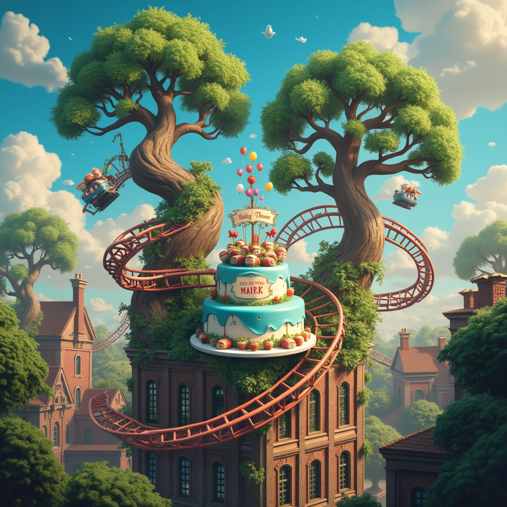 In a whimsical town where the landscape defies expectations, towering trees resemble a fantastical blend of nature and urban life. The trees have grown to merge with the architecture, with their leafy branches seamlessly extending through the windows of quaint brick buildings. In the foreground, a roller coaster weaves in and out of these arboreal structures, its tracks spiraling around trunks and threading through open archways in the buildings. The roller coaster cars are designed like little acorn-shaped pods, adding a touch of whimsy as they loop and swirl. 

Amidst this playful chaos, a giant birthday cake sits atop one of the buildings, its frosting in vibrant swirls of blue and green. The cake is adorned with tiny model roller coasters spiraling around it, and perched at its pinnacle is a banner unfurled between two branches. The banner is intricately decorated with leaves and colorful balloons, boldly proclaiming "Happy Birthday Mark!" The letters of Mark's name are artistically designed to resemble roller coaster loops, each one giving a sense of thrilling celebration. Overhead, the sky is a dazzling azure, with fluffy clouds that miraculously form the shapes of ferris wheels and tree canopies, reinforcing the theme of nature meeting adventure in this extraordinary birthday scene.
Generated with these themes: Trees, Building, and Roller coaster.
Made with ❤️ by AI.