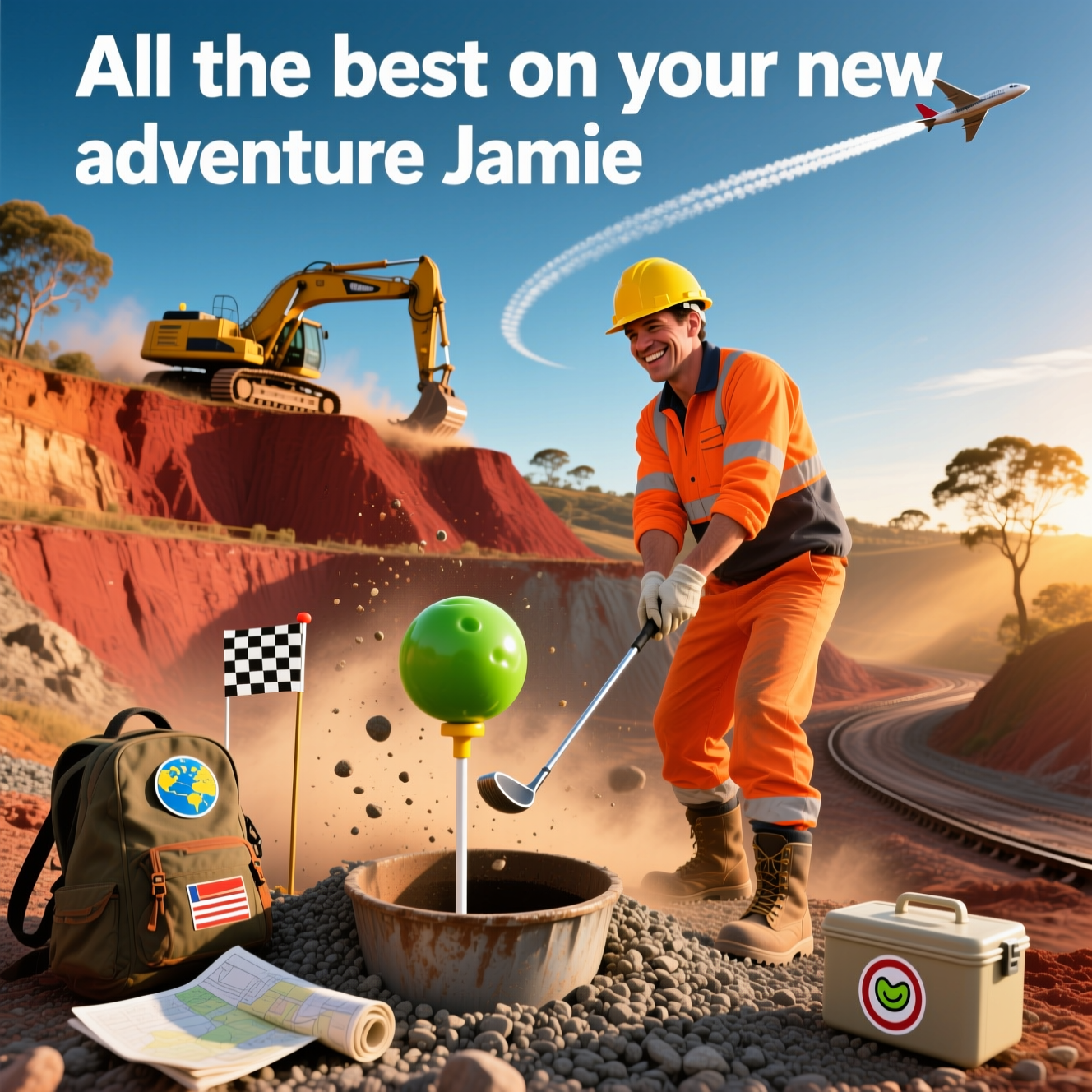 At the top of the Photorealistic picture taken from a camera image, All the best on your new adventure Jamie

Ultra-high-definition 4K UHD photograph with accurate lighting, lifelike textures, and rich depth of field. Scene: a real Australian quarry at golden hour—terraced red-ochre walls, massive haul truck and excavator in the mid-ground, fine dust hanging in warm sunlight. Foreground action: a smiling quarry worker in hi-vis orange, yellow hard hat, and steel-toe boots mid–golf swing. The “golf ball” is a bright green pea perched on a tiny survey stake like a tee; the club has just connected—pea frozen midair surrounded by a crisp dust halo and pebbles, its dotted dust arc morphing seamlessly into an airplane’s contrail curving across the sky toward a tiny jet, hinting at world travel. Nearby on the gravel: a rugged backpack with globe/flag patches and a rolled map; a lunchbox bears a cheeky no-peas icon sticker. The “hole” is an excavator bucket set atop a gravel mound with a small checkered pin flag. Distant eucalyptus silhouettes, heat shimmer, and tire tracks add authenticity. Color palette: sun-warmed earth tones, safety orange pops, deep blue sky; natural skin tones. Composition: rule of thirds, eye-level perspective, dynamic freeze with just a whisper of motion blur on the club head. Camera aesthetics: full-frame 35mm lens, f/5.6, 1/2000s, ISO 200, high dynamic range, crisp micro-contrast, realistic grain. Typography: render the top line in clean, bold white lettering with a soft shadow for legibility against the sky. At the bottom on a dusty yellow warning sign, add a small single-line caption: FORE the world—hold the peas. No other words, no logos, no watermarks.
Generated with these themes: Quarry, Working in an Australian Quarry, Traveling around the world, Playing golf , I don't like peas, and .
Made with ❤️ by AI.
