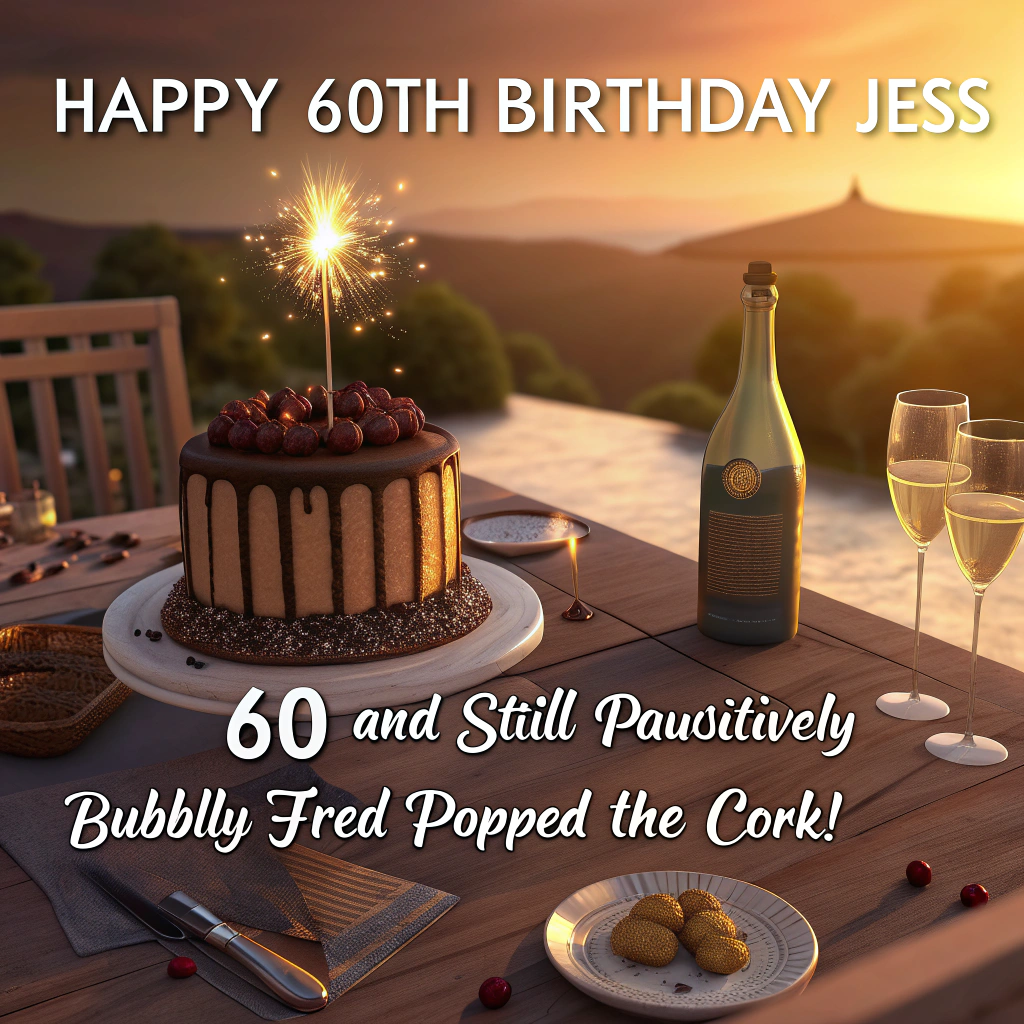 At the top of the Photorealistic picture taken from a camera image, "HAPPY 60TH BIRTHDAY JESS"

At the bottom of the image, "60 and still pawsitively bubbly — Fred popped the cork!"

Ultra-high-definition 4K UHD photorealistic scene: a warm, golden-hour lit modern dining table set for a party. Center stage: a tall chocolate cake with glossy ganache drips and a lit “60” sparkler candle. To the right: a champagne bottle mid-pop, cork flying and a glittering spray of bubbles arcing into two crystal flutes, tiny condensation droplets visible. To the left: a sleek black cat named Fred with bright green eyes and a tiny gold party hat askew; his collar tag reads “FRED.” He’s pinning the cork with one paw and has a smudge of frosting on his whiskers, gazing mischievously at the cake. Background: glossy black-and-gold helium balloons with reflective highlights, including oversized metallic “6” and “0,” plus soft bokeh fairy lights and streamers. True-to-life textures and depth of field (85mm perspective, f/1.8, high-speed shutter to freeze the spray). Text is clean and legible: headline in bold modern sans-serif (white with subtle drop shadow) at the top; the punchline in a playful script at the bottom, integrated without covering key details.
Generated with these themes: CHAMPAGNE, BALLOONS, CAKE , BLACK CAT CALLED FRED, and .
Made with ❤️ by AI.