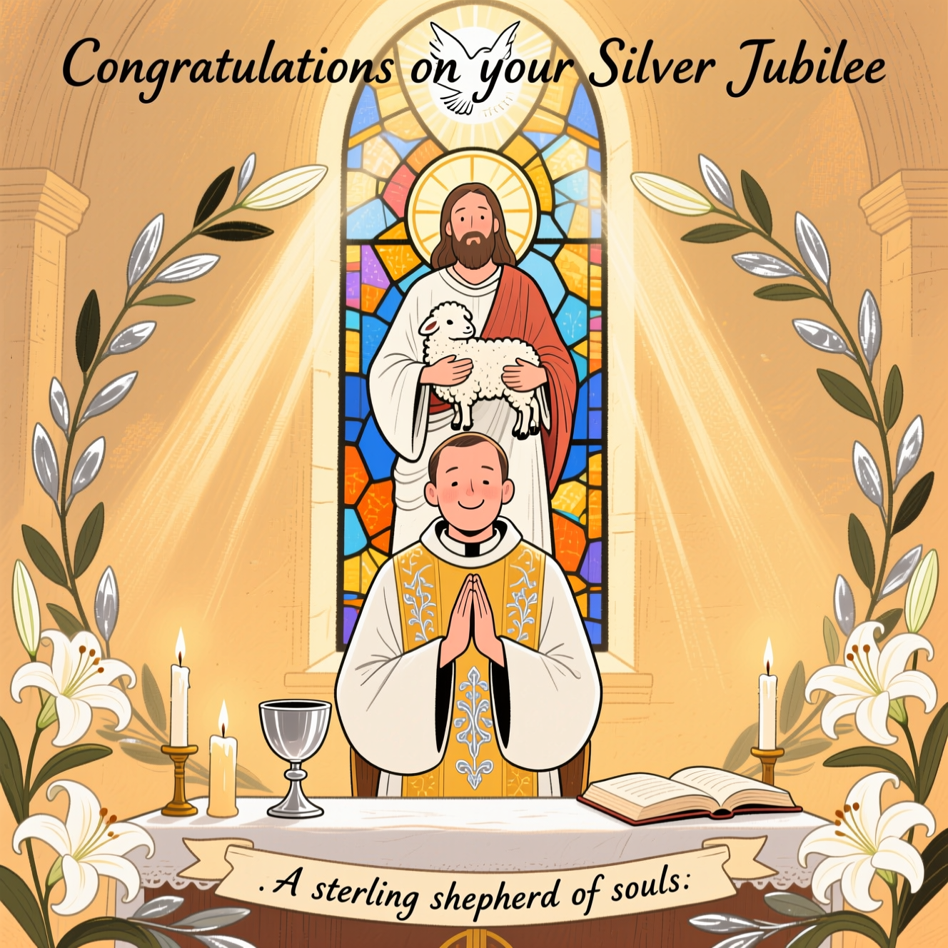 At the top of the Illustration Style image, "Congratulations on your Silver Jubilee"

A sincere, hand-drawn illustration with fine linework and textured brush strokes: a warm, reverent church interior at golden hour. Centered foreground, a priest in white and soft-gold vestments with delicate silver embroidery stands before the altar, hands gently clasped in gratitude, a subtle smile of humble joy. Behind him, a tall stained-glass window depicts Christ the Good Shepherd with a gentle halo, holding a lamb; rich jewel tones glow as sunlight pours through. From above, a soft, radiant light signifying God descends in gentle beams, with the faint silhouette of a dove within the rays. Silver-accented olive branches and lilies frame the scene in a balanced composition, hinting at a wreath around the priest. Lit candles flicker at the altar; a silver chalice and an open scripture rest nearby. Warm, expressive color palette—honeyed ambers, deep blues, creamy whites—with nuanced ink linework and subtle paper grain for a timeless, heartfelt feel. At the very bottom, small and hand-lettered on a slender ribbon, add: "A sterling shepherd of souls."
Generated with these themes: Priest, God, Christ, and .
Made with ❤️ by AI.