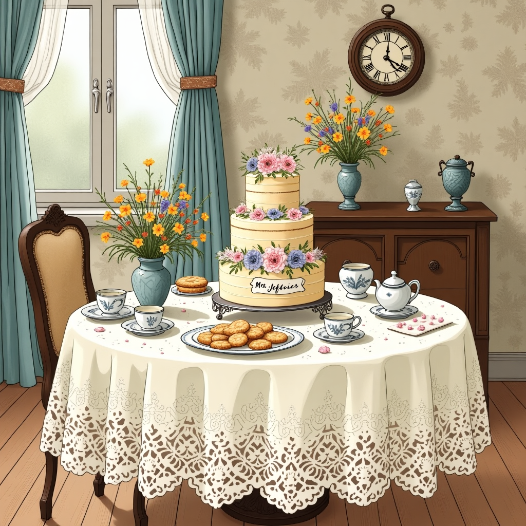 In the foreground, create a detailed and expressive hand-drawn illustration of a classic dining room table set for a celebration, inspired by the timeless charm of Norman Rockwell and the intricate line work of Arthur Rackham. The table is covered with an elegant lace tablecloth in a soft cream hue, adorned with a vintage tea set featuring delicate floral patterns reminiscent of Beatrix Potter's style.

Center the scene around a large, ornate cake with multiple tiers. The cake is decorated with intricate piping and cascading sugar flowers in shades of pastel pink, lavender, and buttercream yellow. Resting on top is a small, elegant banner with the text "Mrs. Jeffries" written in a graceful, cursive font.

On the table, include a silver platter filled with assorted cookies, some shaped like stars and others like delicate hearts, echoing the whimsical nature of Maurice Sendak's illustrations. Scatter a few antique teacups and saucers, each with a unique hand-painted design of blue and white, paying homage to the style of Quentin Blake with a hint of Maxfield Parrish's vibrant palette.

In the background, illustrate a wallpapered wall featuring a muted botanical pattern, influenced by the intricate detailing of Aubrey Beardsley. A window with sheer curtains partially drawn lets in a gentle stream of light, casting soft, dappled shadows on the wooden floorboards below.

Include a small vase of wildflowers on the table, their colors a mix of periwinkle blues, soft pinks, and lush greens, echoing the naturalistic elements seen in the works of N.C. Wyeth. Hanging on the wall, place an old clock with Roman numerals, its hands frozen at a moment, capturing the stillness and attention to detail reminiscent of Edward Gorey's work.

This scene, rich in detail and aesthetic charm, should create a visually compelling and heartfelt thank-you greeting card cover.
Generated with these themes: aesthetic.
Made with ❤️ by AI.