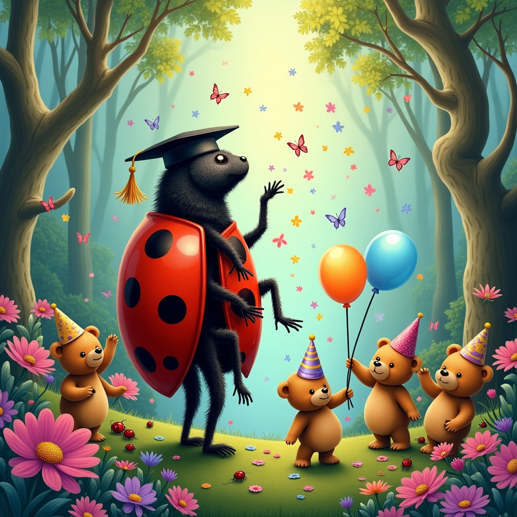 In this surreal and detailed illustration, begin by depicting a vibrant and lush garden setting filled with exaggerated and whimsical flora reminiscent of Maxfield Parrish's dreamlike landscapes. The background features tall, slender trees with twisting branches, their leaves a kaleidoscope of emerald greens and soft blues, gently rustling in the breeze. Nestled amongst the foliage are whimsical oversized flowers, their petals in radiant hues of violet, magenta, and sunflower yellow, with dew drops glistening on their edges.

At the center of the scene is a ladybug, the star of this celebration. She is anthropomorphized with a touch of Beatrix Potter's charm, standing upright on two of her tiny legs. This ladybug is proudly wearing a sleek, miniature black graduation cap perched jauntily on her head, with a fine golden tassel draping elegantly to the side. Her shiny red carapace is adorned with four shimmering golden stars, each meticulously detailed with tiny intricate patterns reminiscent of Aubrey Beardsley's line work.

The ladybug's front right leg is adorned with an intricately detailed Apple Watch, its face glistening with the reflection of surrounding colors, displaying an animated confetti-filled celebration on its screen. This watch adds a modern touch to the otherwise fantastical setting.

Surrounding the ladybug are a group of teddy bears, drawn with the delightful whimsy of Quentin Blake. Each bear is a unique character, wearing tiny celebratory hats of vibrant colors, with some holding tiny flags, others holding balloons in an array of pastel colors. These teddy bears are gathered around the ladybug, tossing confetti made from multicolored petals into the air, adding a dynamic sense of movement to the scene.

The ground beneath them is a patchwork of soft moss and delicate wildflowers, creating a richly textured carpet. Tiny ladybugs and ants scurry around, adding life and detail to the forest floor. A few butterflies, their wings patterned with designs echoing Arthur Rackham's detailed style, flutter around the gathering, adding an extra layer of detail and whimsy.

This illustration, while rooted in realism akin to Norman Rockwell’s meticulous style, has a fantastical edge with the influence of Edward Gorey's playful yet intricate details. The overall palette is a harmonious blend of rich, earthy tones, and vivid splashes of color, inviting the viewer into this enchanting scene of celebration and accomplishment.
Generated with these themes: A ladybug wearing a graduation hat, Celebrate promotion , Wearing a apple watch , 4 stars on her top, and Teddy bears celebrate with her.
Made with ❤️ by AI.