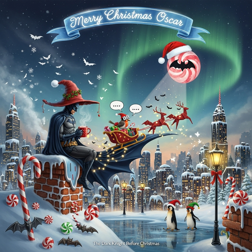 At the top of the Surreal Style image, Merry Christmas Oscar in shimmering icy-blue ribbon script, softly glowing like frosty breath.

Dali-inspired, dreamlike winter Gotham: candy-cane skyscrapers bend and drip like icing, rooftops melt into gingerbread cliffs, snowflakes drift upward as tiny bat silhouettes. Center stage: Batman (The Dark Knight) perched on a gingerbread-batarang chimney, wearing an oversized floppy Santa hat that sags like a melting clock; his matte-black cape tangles with twinkling fairy lights that sprout little wings and flutter. He sips cocoa from a bat-shaped mug; steam curls into flying mini-bats. A giant peppermint-swirled moon in a Santa hat projects an aurora bat-signal across the sky. Batman’s flowing cape morphs into a starry sled ramp where origami bat-reindeer tug a tiny present-stacked sleigh; a small robin bird with a domino mask rides shotgun clutching a candy cane. Chimney smoke forms speech bubbles with “...” hinting Silent Knight humor; batarang ornaments dangle from sagging lamp posts; penguins in elf hats skate across a puddled snowglobe reflection. Ethereal, silvery moonlight and warm fireplace glow, sparkling bokeh, soft haze; palette of midnight blues, peppermint reds, frosty mints, and gold. Painterly texture, cinematic wide angle, elongated shadows, whimsical, funny, high detail.

Small, cheeky caption near the bottom: The Dark Knight Before Christmas.
Generated with these themes: Batman, and .
Made with ❤️ by AI.