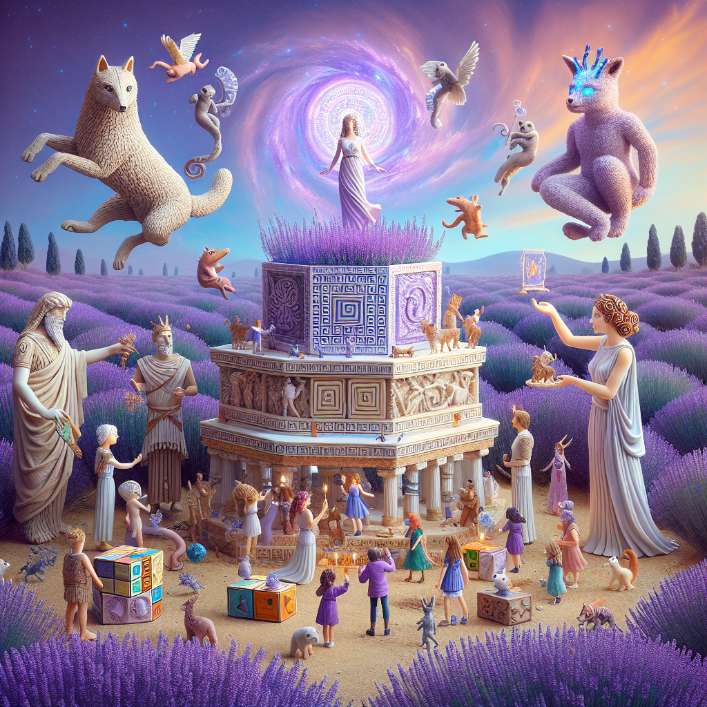 A dream-like picture presents a festive gathering in a purple lavender field under a sky swirling with soft, pastel hues. Miniature figures dressed in the fashion of Ancient Greek deities socialize with fantastical creatures with special abilities, talking about legendary tales. A massive gala cake, decorated with intricate building blocks and Greek motifs, is encircled by playful creatures resembling playful foxes and small dinosaurs, whilst a tranquil figure, similar to a floating psychic feline, hovers in the air above.
Generated with these themes: Pokémon , Lego, Greek gods, and Lavender.
Made with ❤️ by AI.