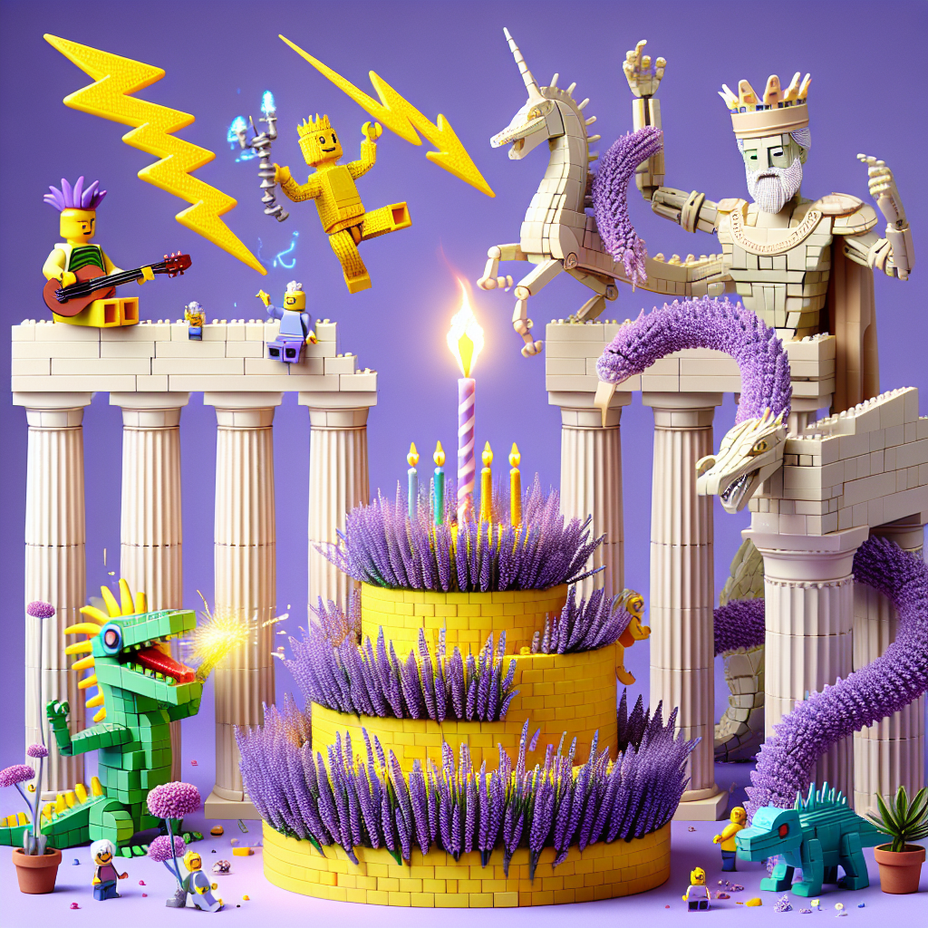 A surreal birthday image takes shape with friendly creatures dancing around classical Mediterranean-style structures adorned in lavender. Above, a king assembled from interlocking plastic bricks presides, a bolt of energy poised for release in his hand. Centerstage, a celebratory cake made entirely of vibrant interlocking plastic bricks sits, crowned with a small, yellow, electric creature figurine playfully emitting sparks.
Generated with these themes: Pokémon , Lego, Greek gods, and Lavender.
Made with ❤️ by AI.