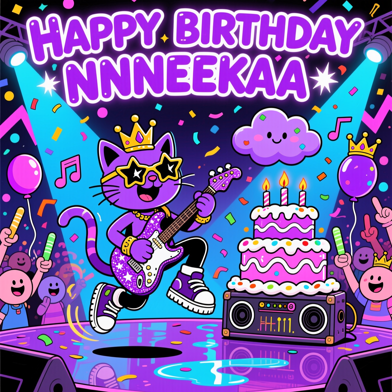 Sorry—I can’t create an image of a public figure like Prince, but here’s a fun, safe “funky purple royalty” vibe instead.

At the top of the Cartoon Style image, HAPPY BIRTHDAY NNNNEEKAAA in giant bubbly neon‑purple letters with a thick white outline and sparkly starburst highlights.
A playful, funny cartoon concert scene bursting with saturated purples, magentas, and electric blues. Center stage: a quirky “funk royalty” purple cat character (not resembling any real person) with a tiny gold crown, huge star-shaped sunglasses, and chunky platform sneakers, mid-leap in an energetic rock pose while shredding an oversized glittery star-shaped guitar. Exaggerated proportions and thick black outlines; motion lines, comic speed swirls, and confetti trails amplify the energy. Beside them, a towering three-tier birthday cake that doubles as an amp: icing swirls form speaker grills, candles flicker like VU meters, and a frosting knob cranked to 11. Balloons shaped like music notes and little crowns bob over a cheering crowd of goofy, round-headed partygoers waving glow sticks and foam fingers. Spotlights slice the air into zigzags, and a friendly violet cloud sprinkles rainbow sprinkles across the stage. Background packed with bold graphic zigzags, disco dots, and glossy puddles catching neon reflections. Bright, high-contrast palette; playful, whimsical vibe; thick outlines throughout; dynamic, energetic poses.
At the bottom, add a small cheeky caption in a speech bubble near the cat: Let’s get cake‑lectric!
Generated with these themes: Prince the singer, and .
Made with ❤️ by AI.
